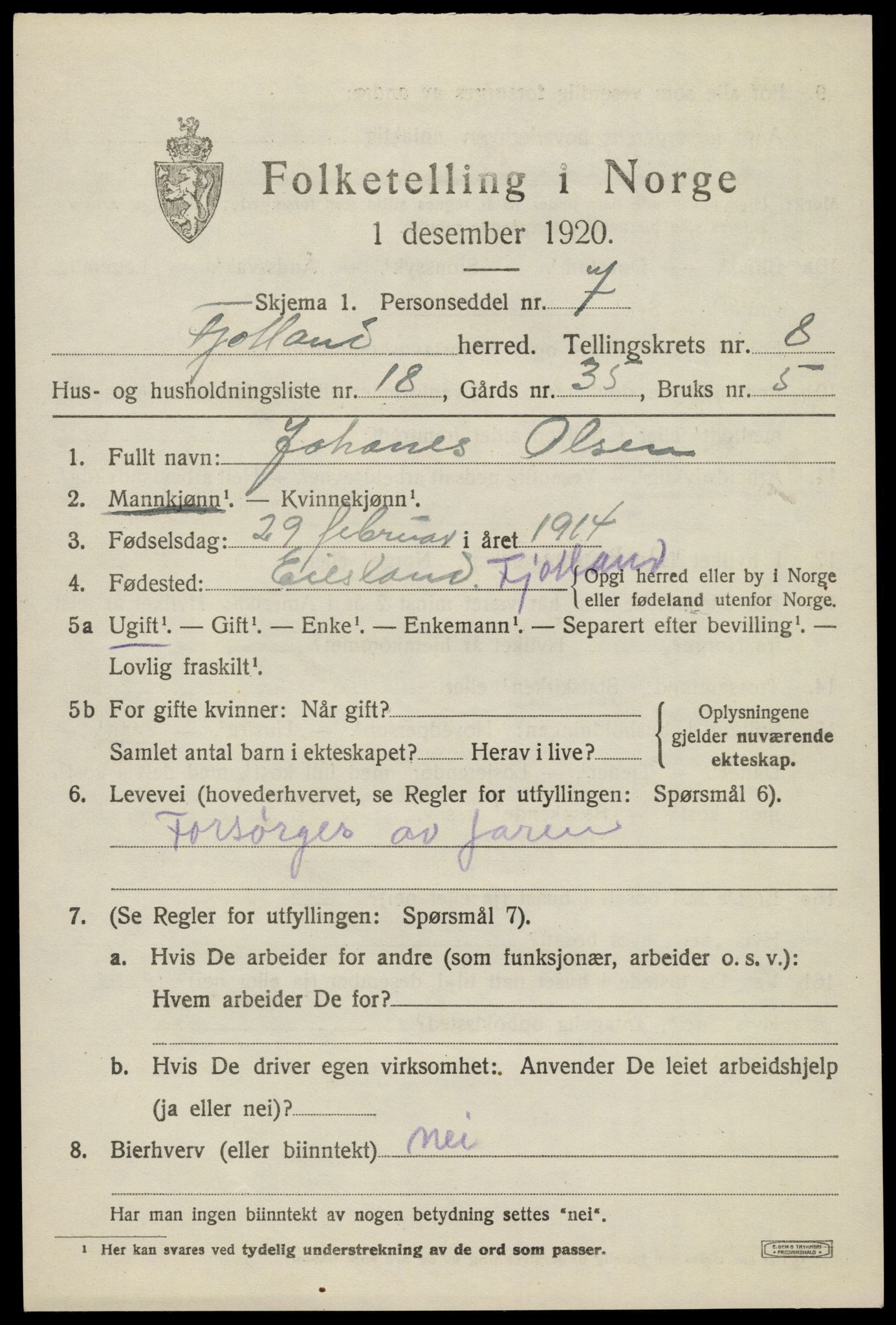 SAK, 1920 census for Fjotland, 1920, p. 2202