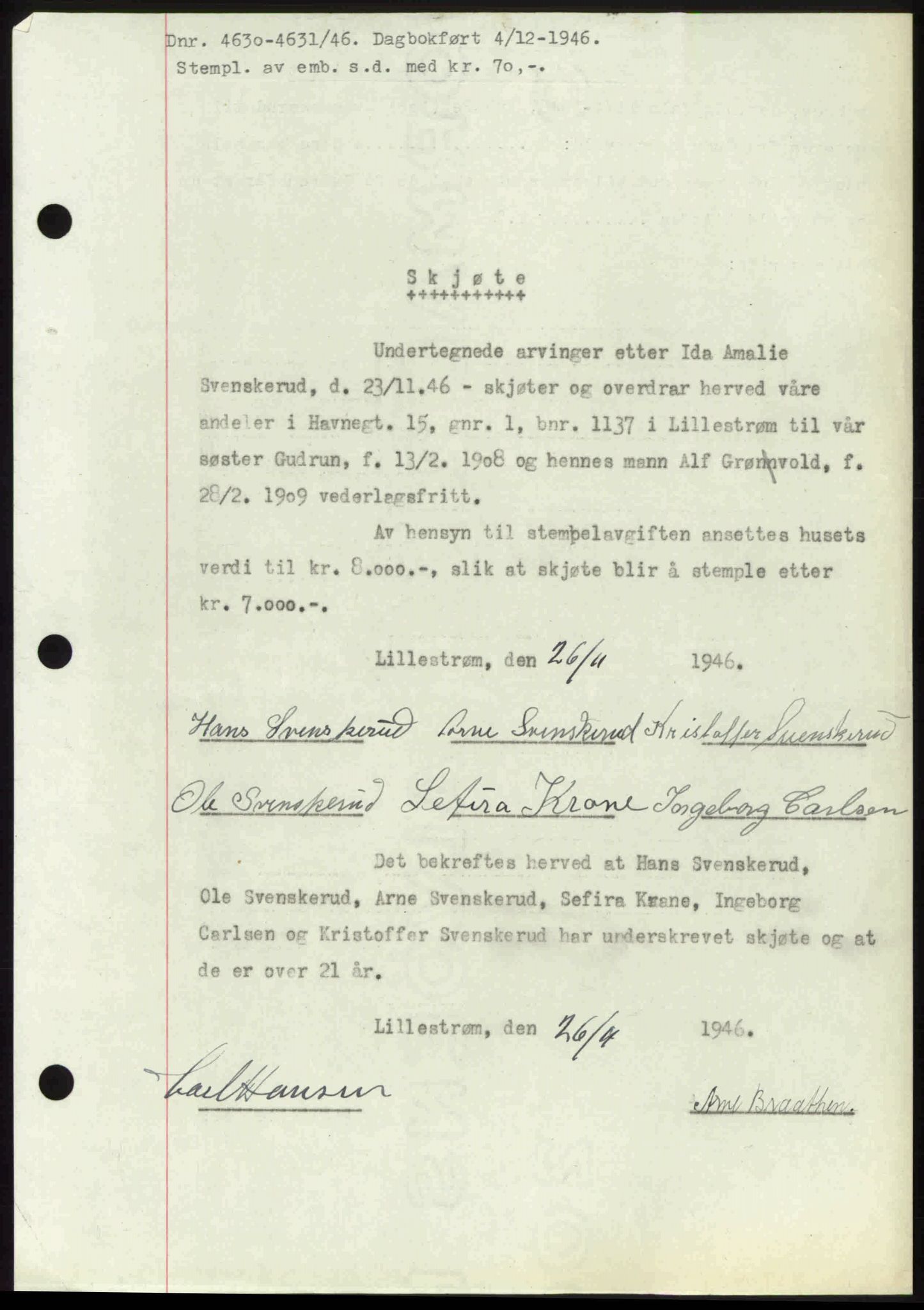 Nedre Romerike sorenskriveri, AV/SAO-A-10469/G/Gb/Gbd/L0017: Mortgage book no. 17, 1946-1946, Diary no: : 4630/1946