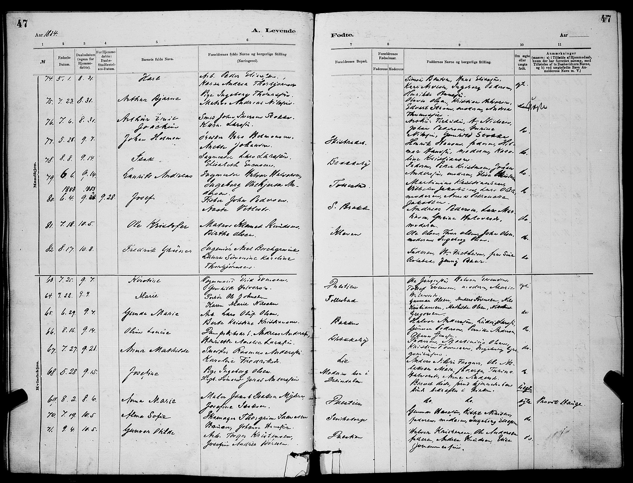 Skien kirkebøker, AV/SAKO-A-302/G/Ga/L0006: Parish register (copy) no. 6, 1881-1890, p. 47