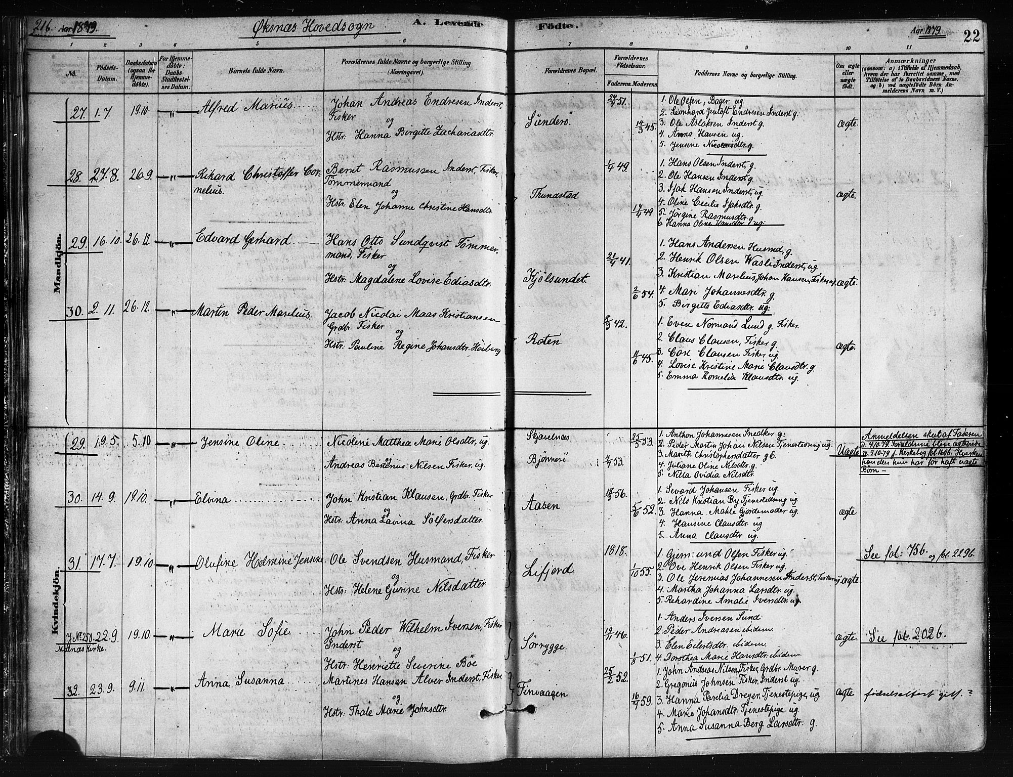 Ministerialprotokoller, klokkerbøker og fødselsregistre - Nordland, SAT/A-1459/893/L1335: Parish register (official) no. 893A08 /1, 1878-1884, p. 22