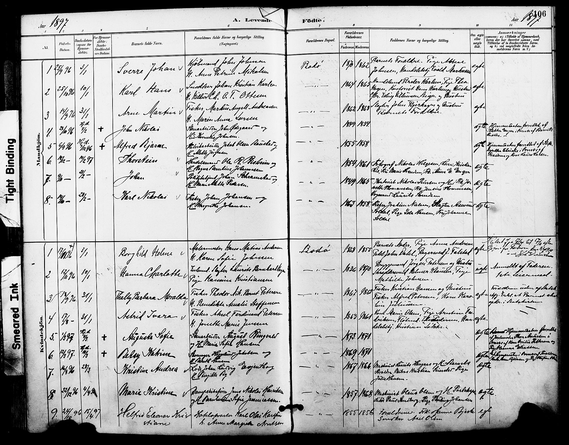 Ministerialprotokoller, klokkerbøker og fødselsregistre - Nordland, SAT/A-1459/801/L0010: Parish register (official) no. 801A10, 1888-1899, p. 106