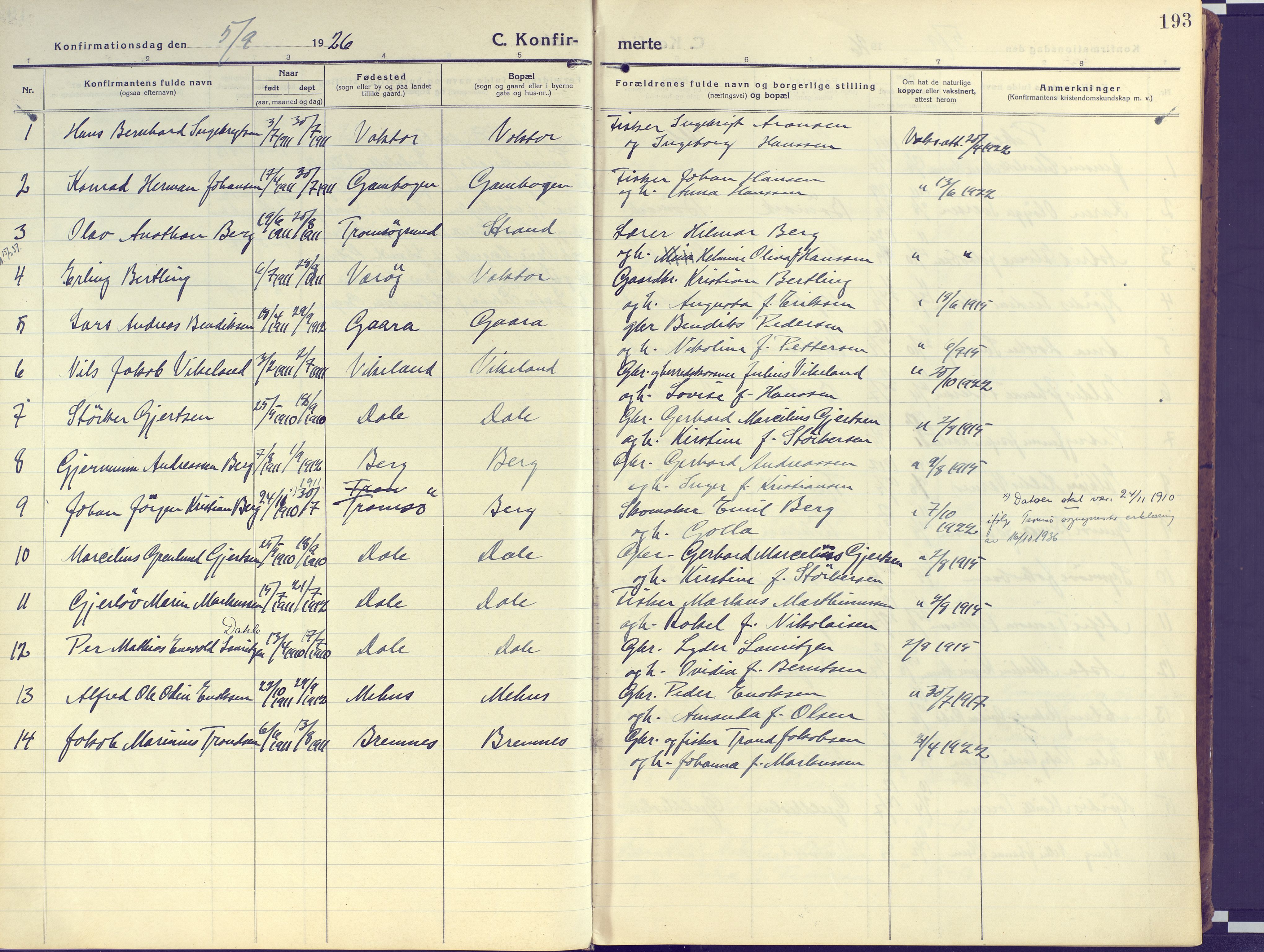 Kvæfjord sokneprestkontor, AV/SATØ-S-1323/G/Ga/Gaa/L0007kirke: Parish register (official) no. 7, 1915-1931, p. 193