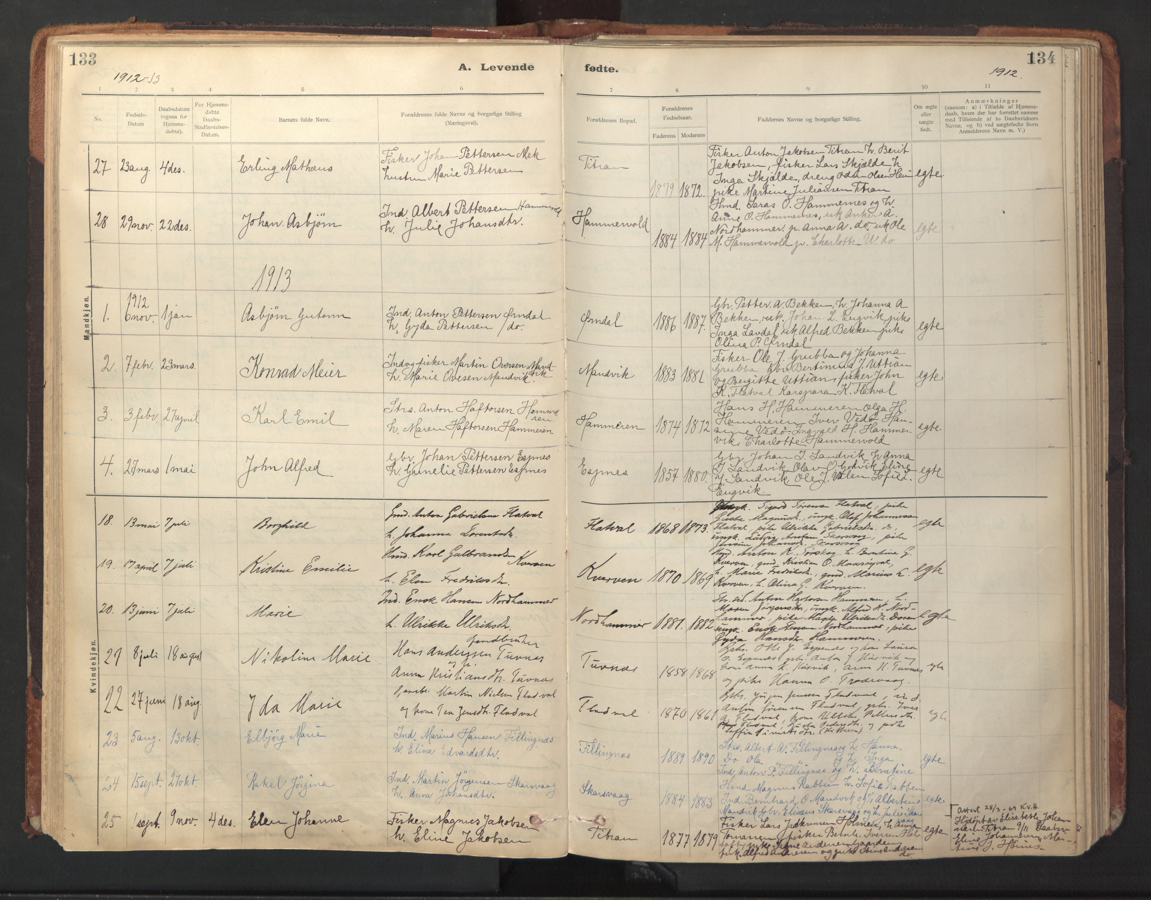 Ministerialprotokoller, klokkerbøker og fødselsregistre - Sør-Trøndelag, SAT/A-1456/641/L0596: Parish register (official) no. 641A02, 1898-1915, p. 133-134