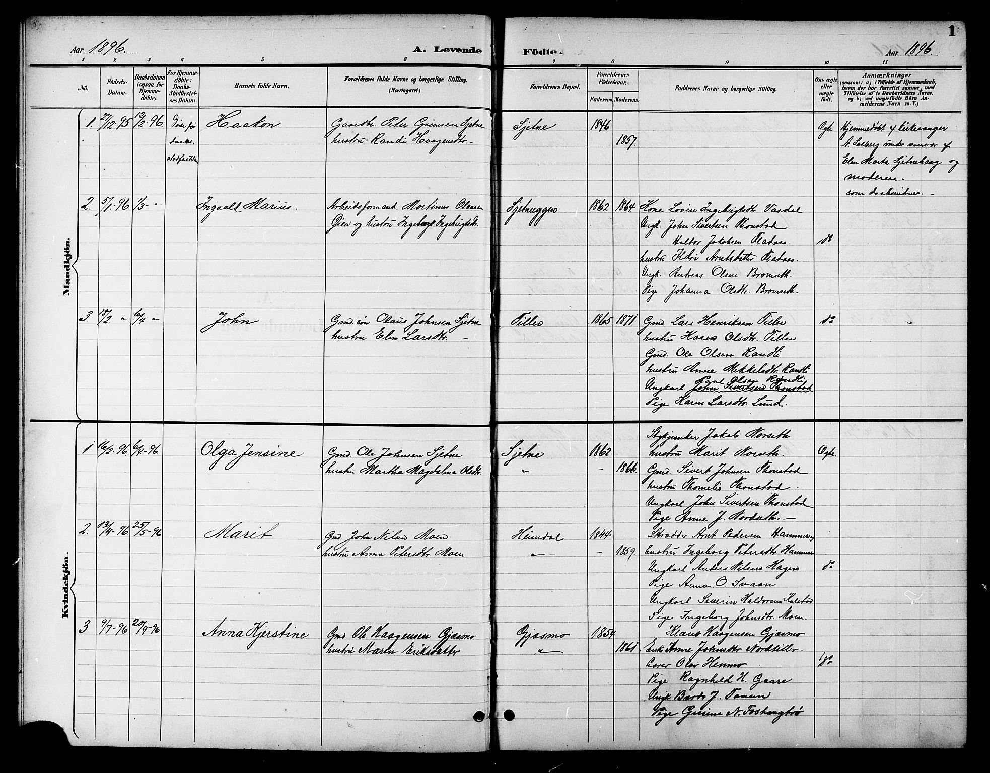Ministerialprotokoller, klokkerbøker og fødselsregistre - Sør-Trøndelag, SAT/A-1456/621/L0460: Parish register (copy) no. 621C03, 1896-1914, p. 1