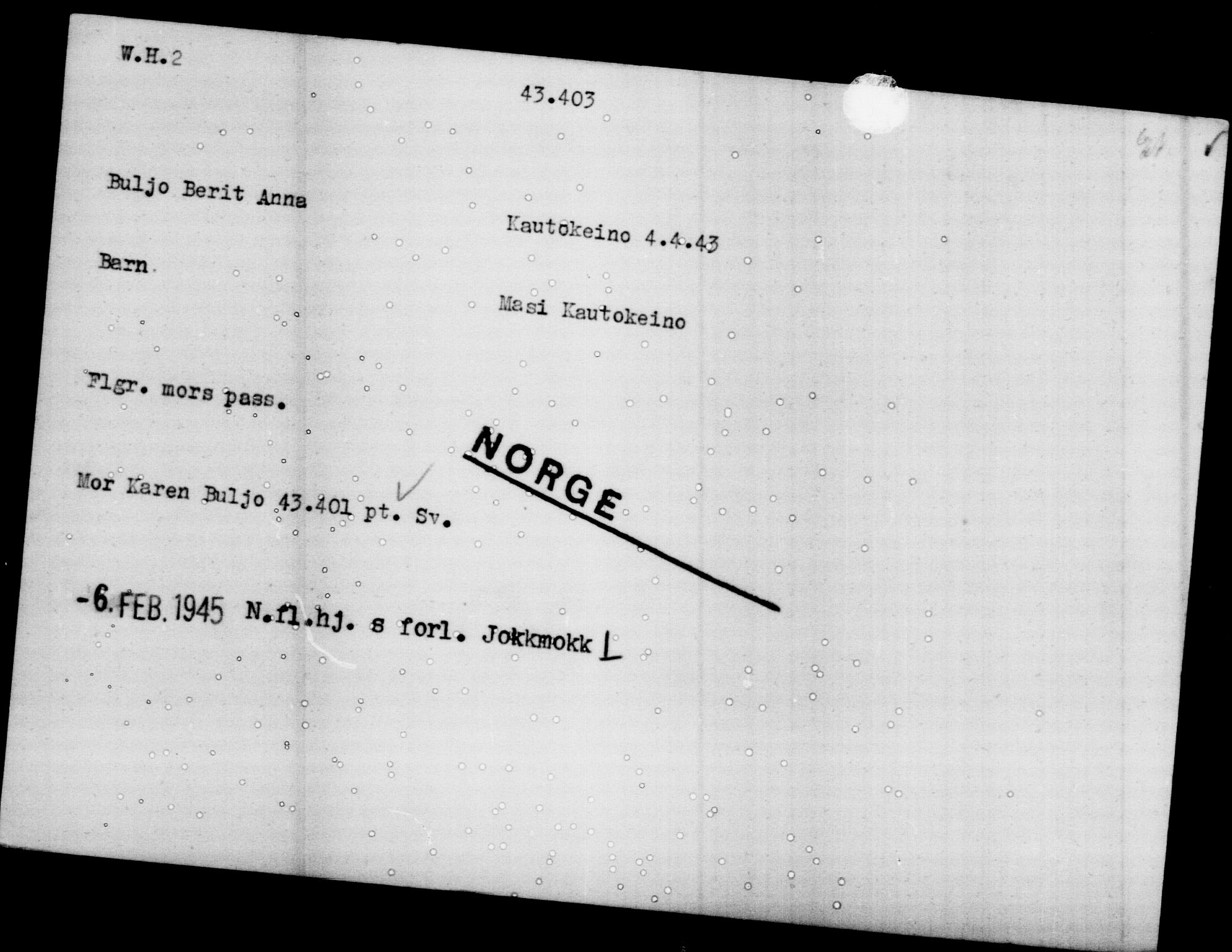 Den Kgl. Norske Legasjons Flyktningskontor, AV/RA-S-6753/V/Va/L0017: Kjesäterkartoteket.  Flyktningenr. 43400-46318, 1940-1945, p. 5