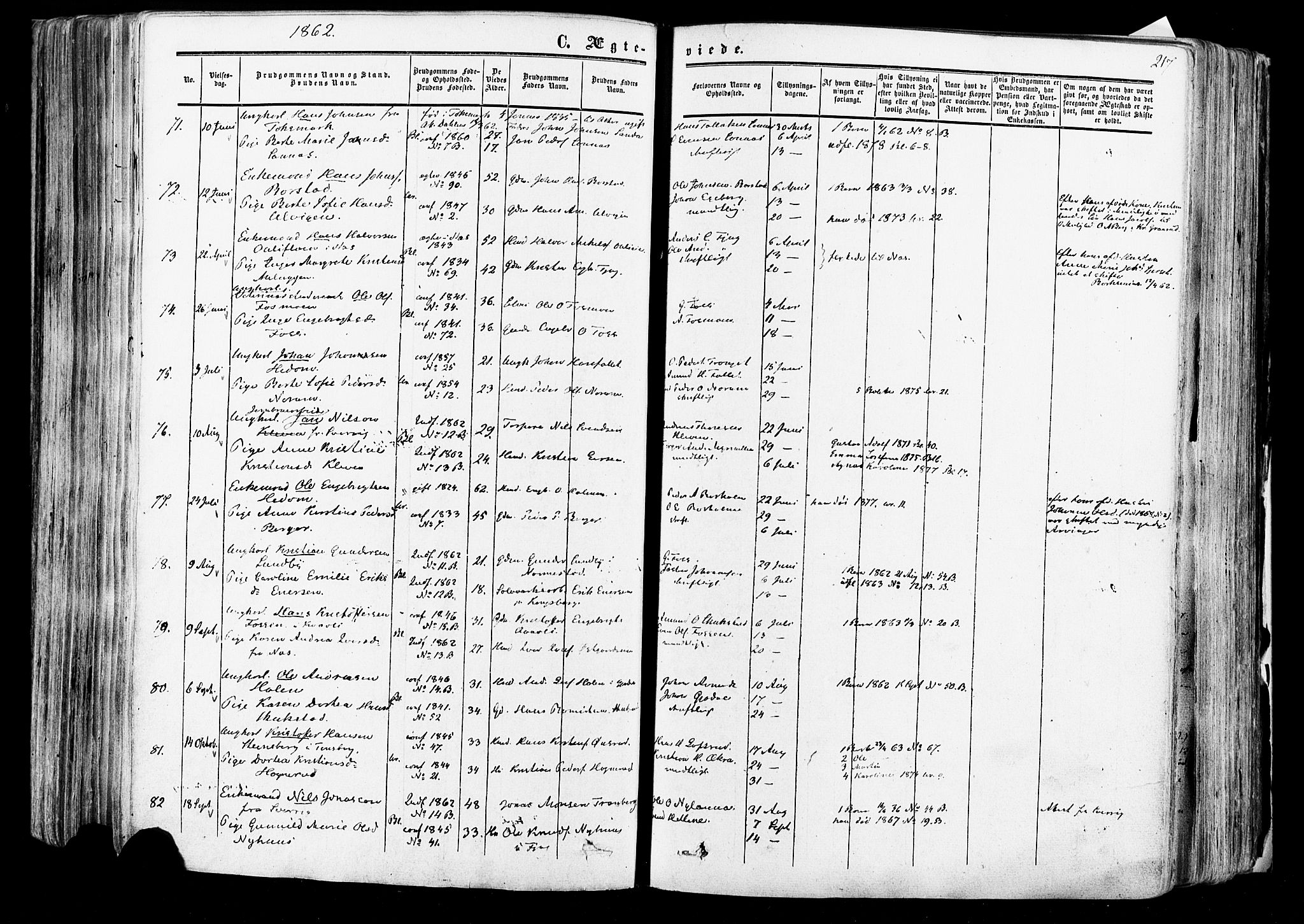 Aurskog prestekontor Kirkebøker, AV/SAO-A-10304a/F/Fa/L0007: Parish register (official) no. I 7, 1854-1877, p. 217