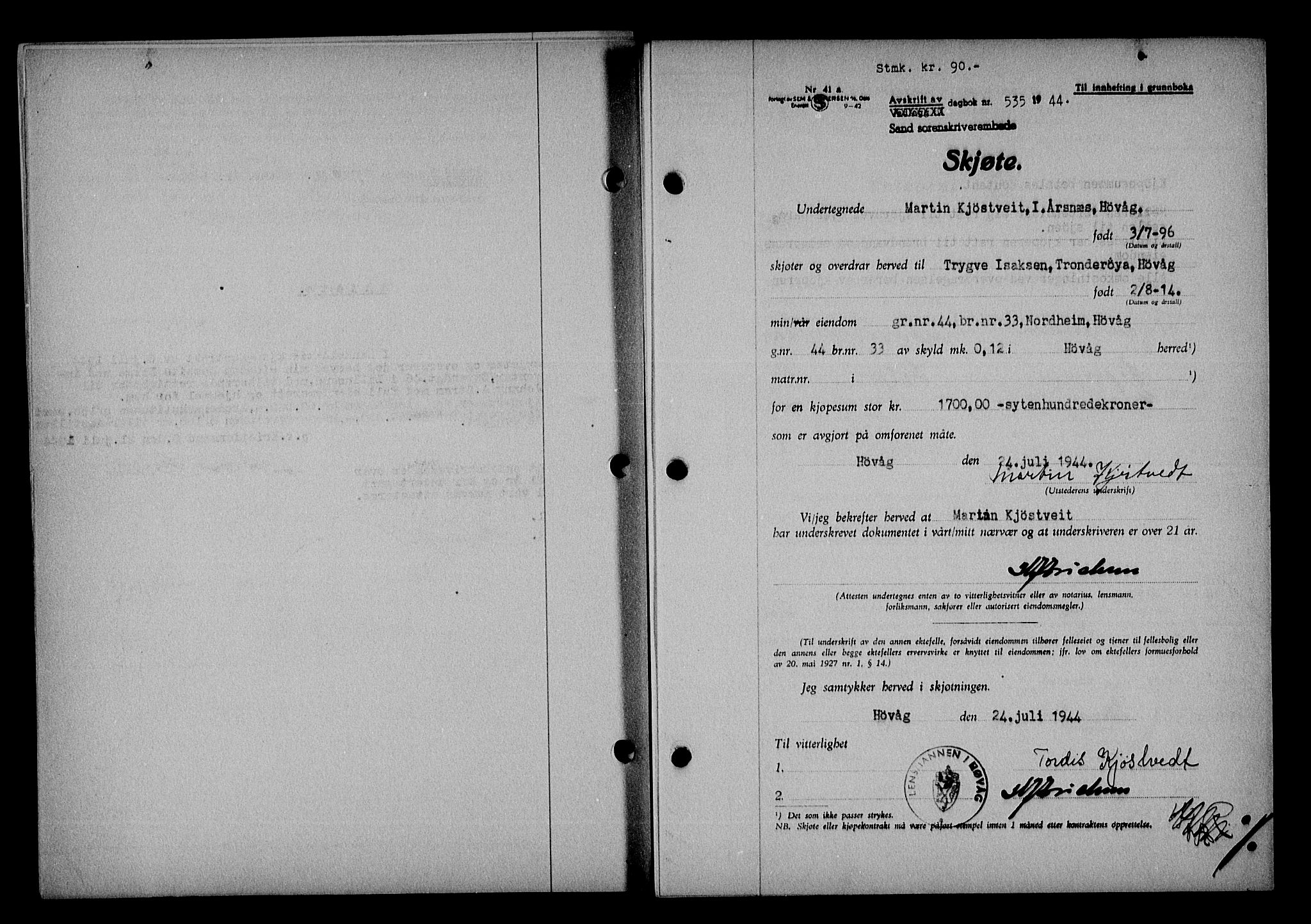 Vestre Nedenes/Sand sorenskriveri, SAK/1221-0010/G/Gb/Gba/L0053: Mortgage book no. A 6, 1944-1945, Diary no: : 535/1944