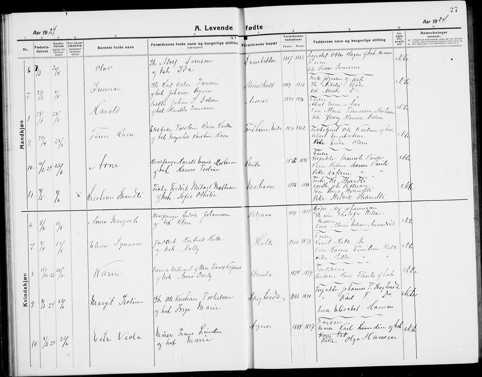 Brunlanes kirkebøker, SAKO/A-342/G/Ga/L0005: Parish register (copy) no. I 5, 1918-1941, p. 27