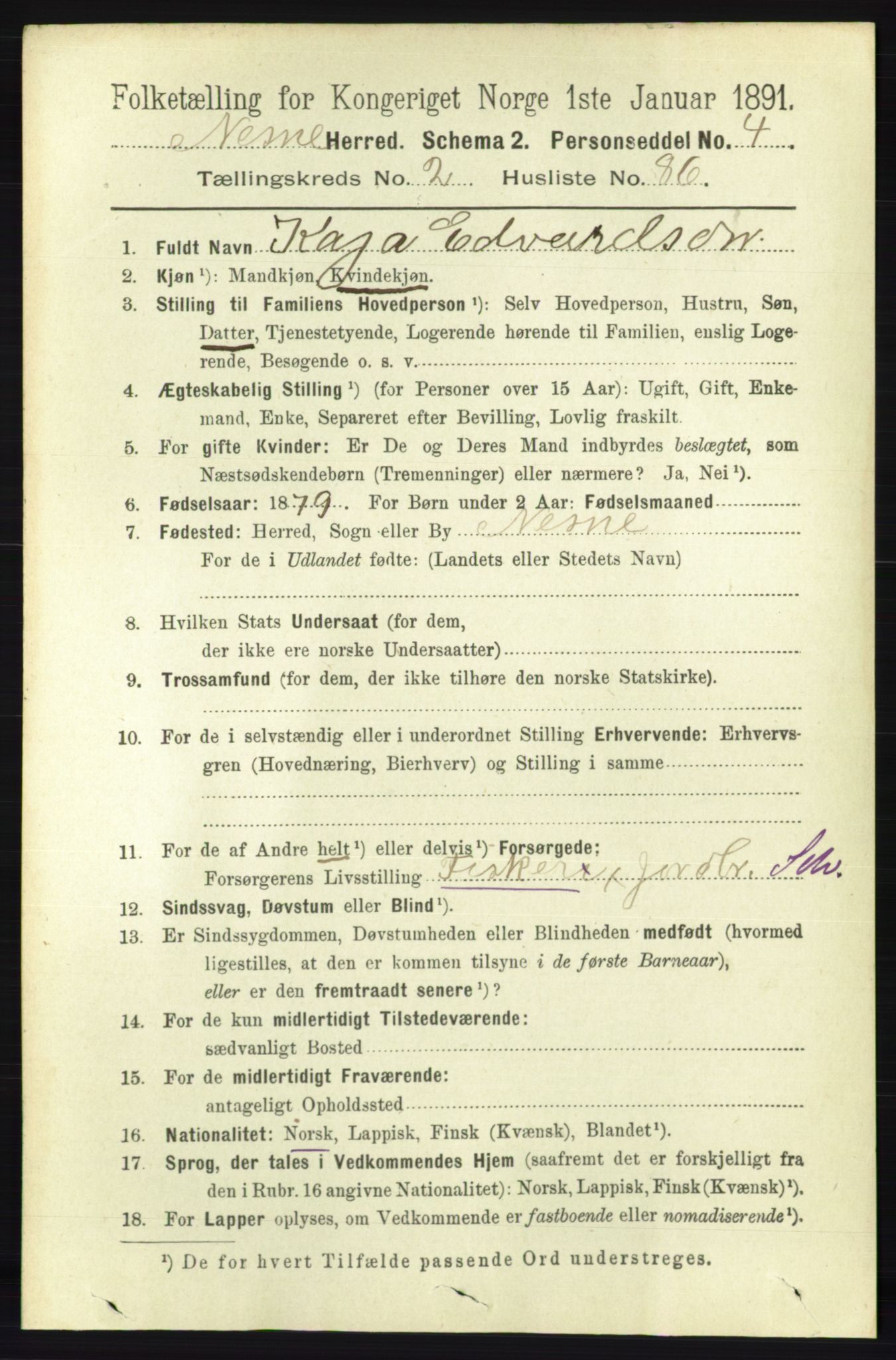 RA, 1891 census for 1828 Nesna, 1891, p. 1396