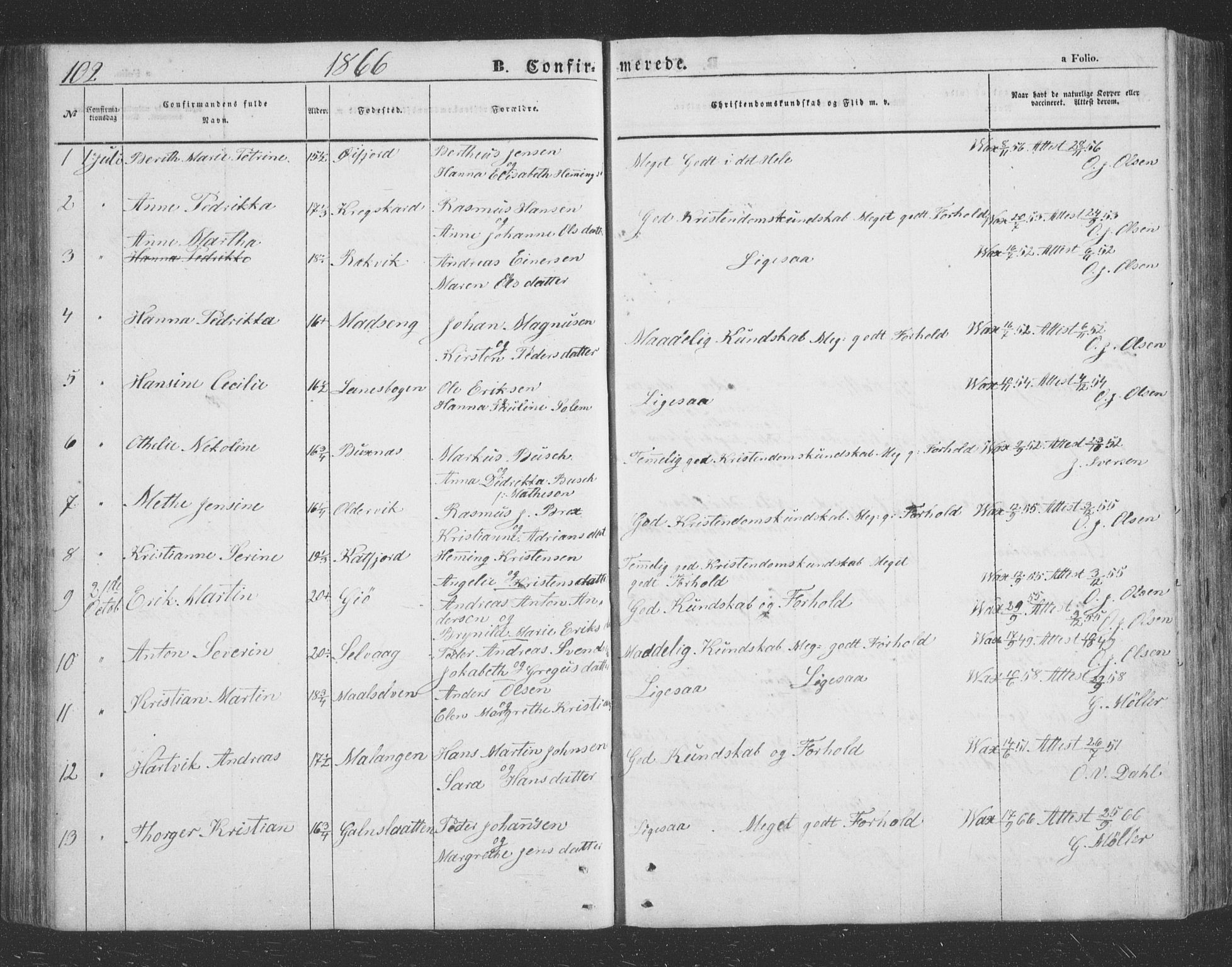 Lenvik sokneprestembete, SATØ/S-1310/H/Ha/Hab/L0020klokker: Parish register (copy) no. 20, 1855-1883, p. 102