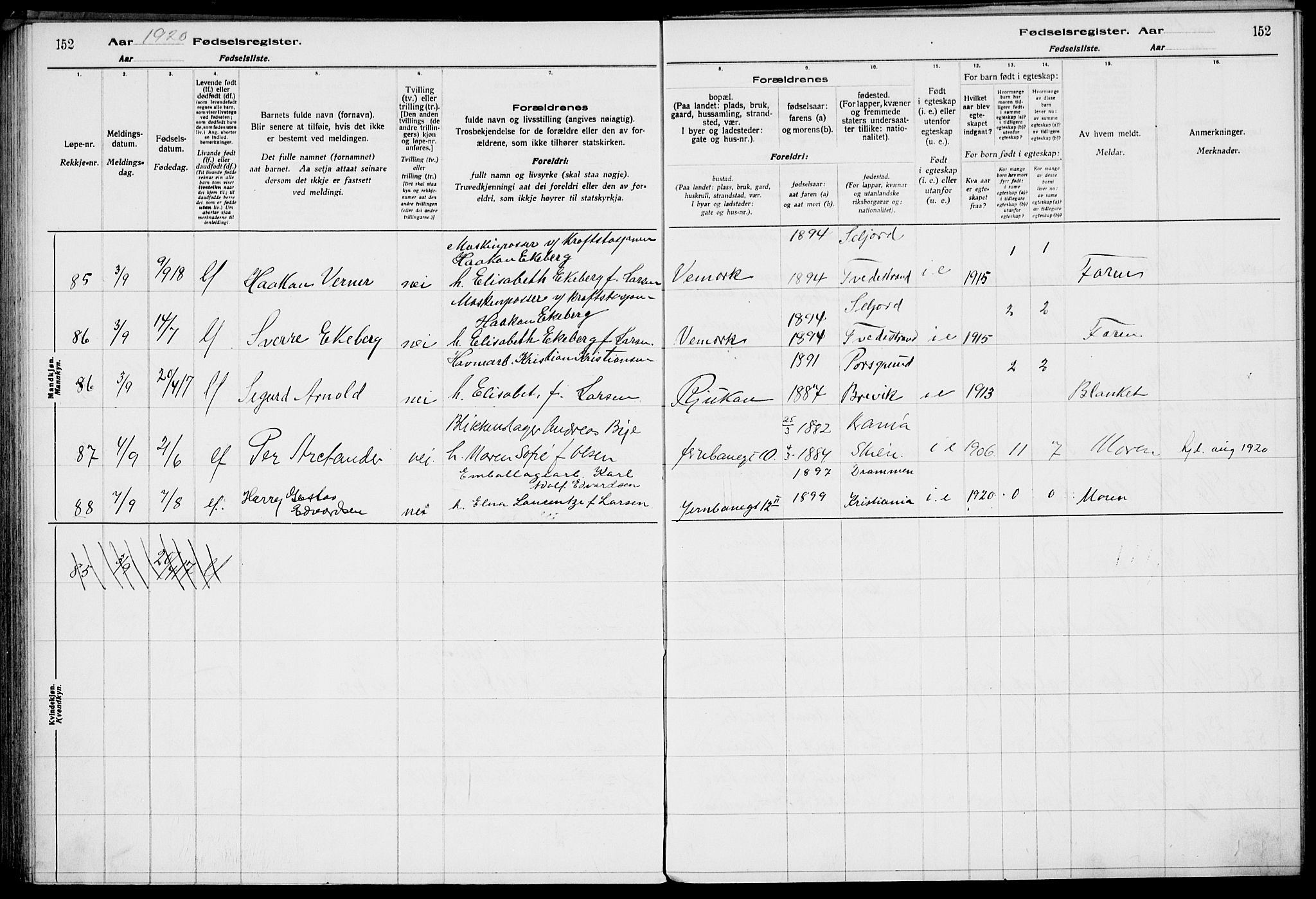 Rjukan kirkebøker, AV/SAKO-A-294/J/Ja/L0001: Birth register no. 1, 1916-1922, p. 152
