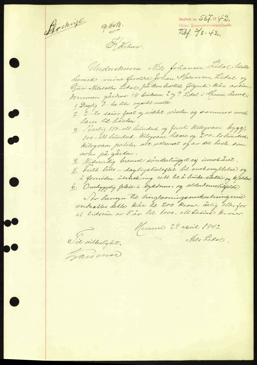 Hitra sorenskriveri, AV/SAT-A-0018/2/2C/2Ca: Mortgage book no. B1, 1939-1945, Diary no: : 567/1942