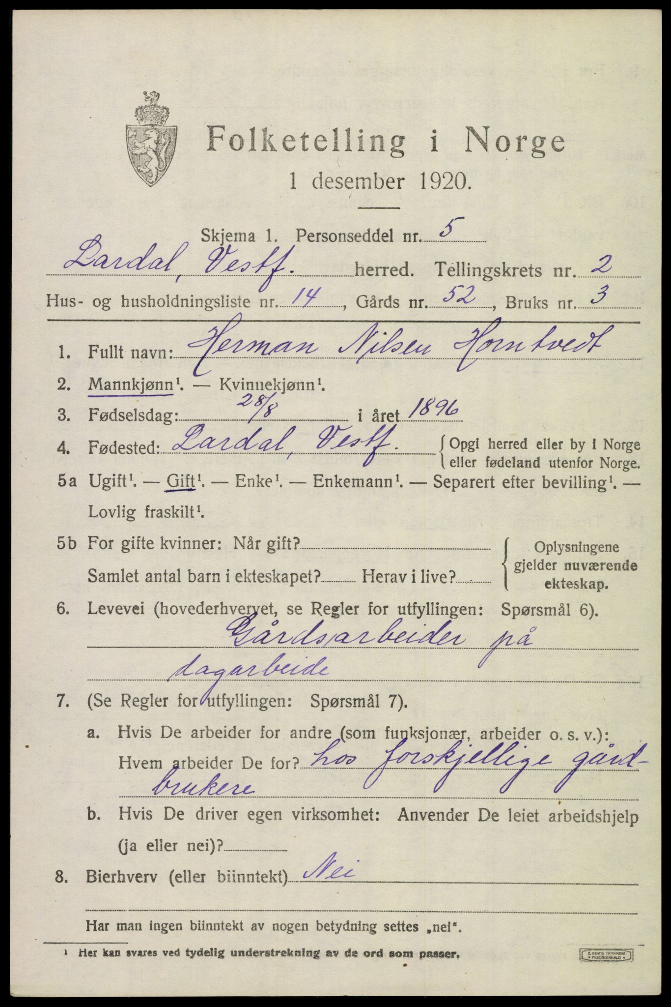 SAKO, 1920 census for Lardal, 1920, p. 2139