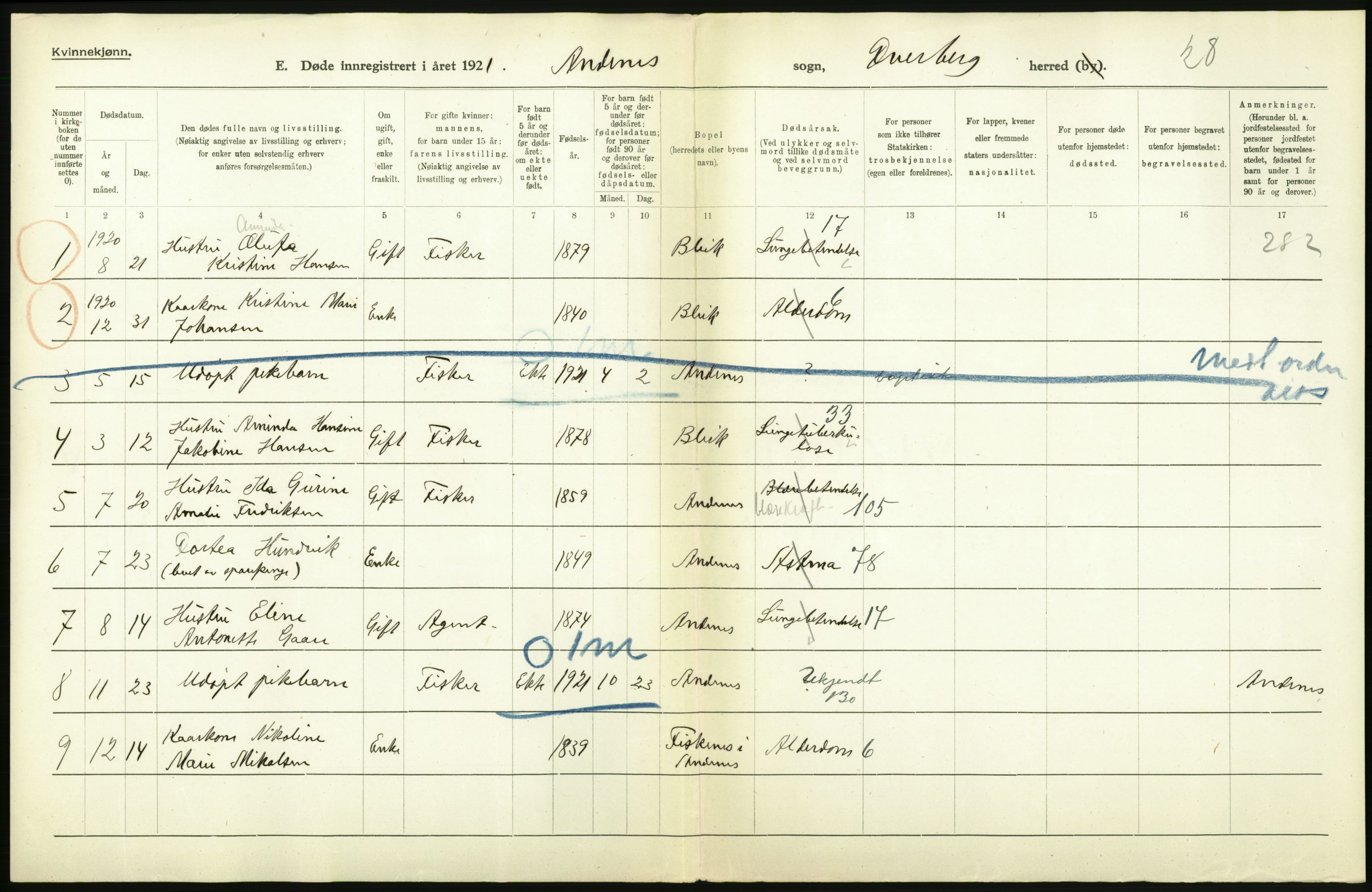Statistisk sentralbyrå, Sosiodemografiske emner, Befolkning, AV/RA-S-2228/D/Df/Dfc/Dfca/L0051: Nordland fylke: Døde. Bygder og byer., 1921