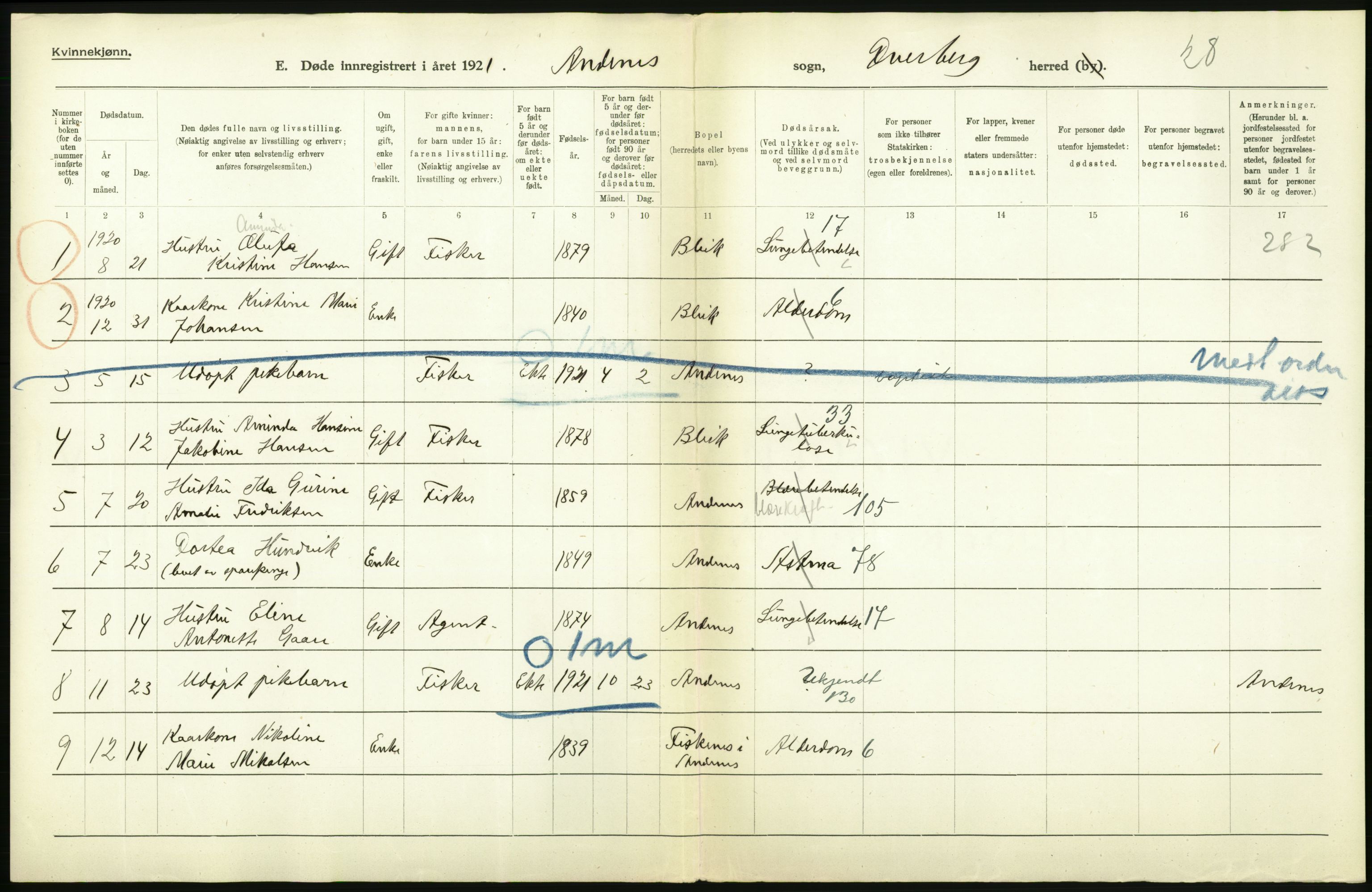 Statistisk sentralbyrå, Sosiodemografiske emner, Befolkning, AV/RA-S-2228/D/Df/Dfc/Dfca/L0051: Nordland fylke: Døde. Bygder og byer., 1921