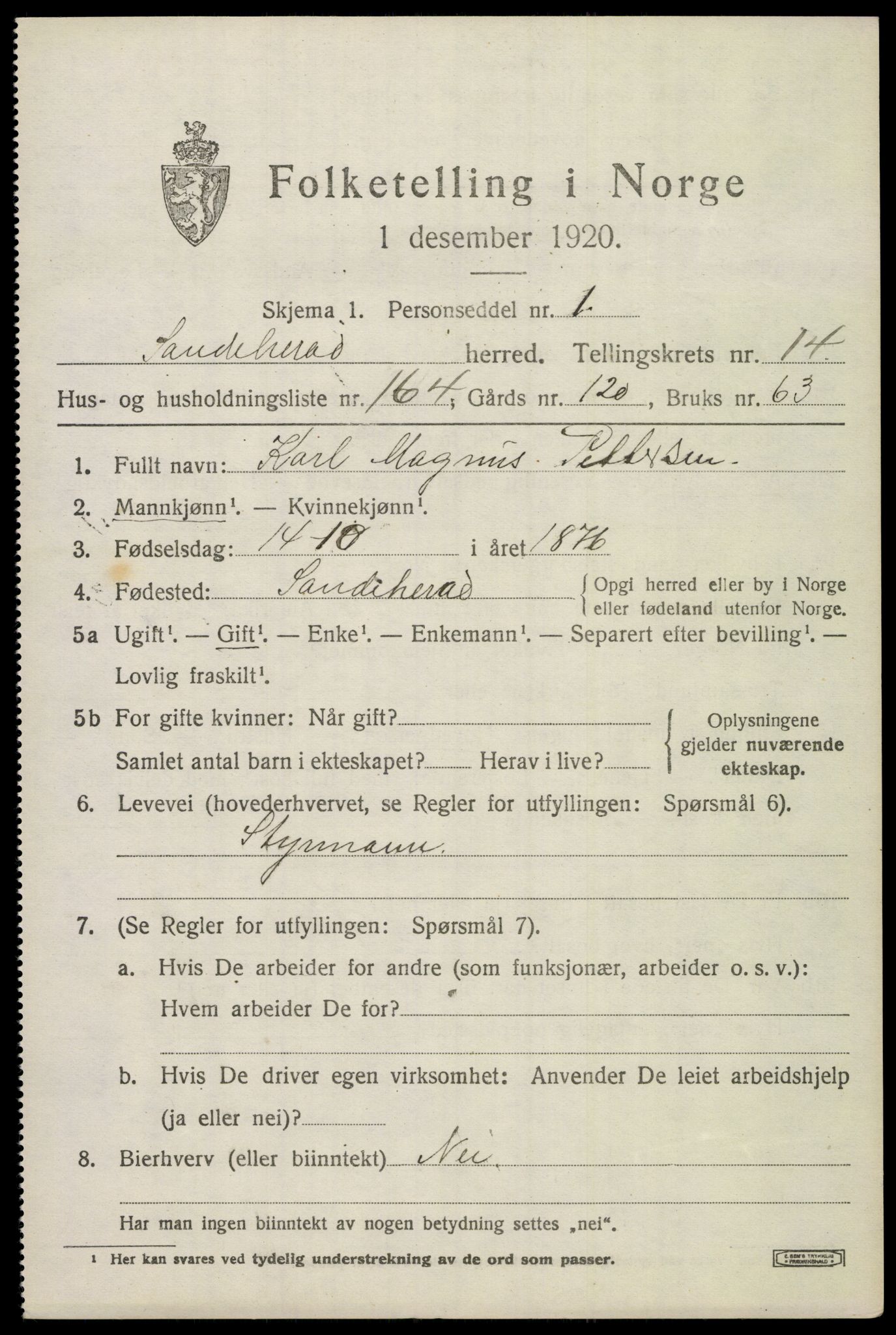 SAKO, 1920 census for Sandeherred, 1920, p. 22580