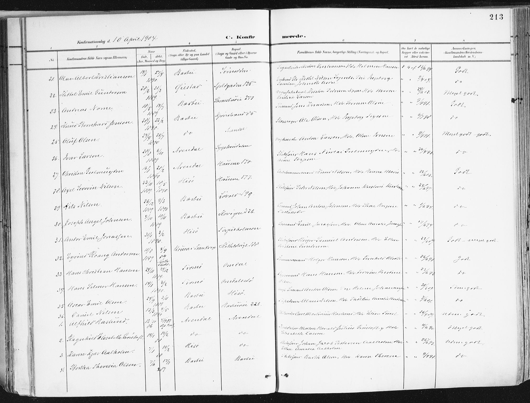 Arendal sokneprestkontor, Trefoldighet, AV/SAK-1111-0040/F/Fa/L0010: Parish register (official) no. A 10, 1900-1919, p. 213