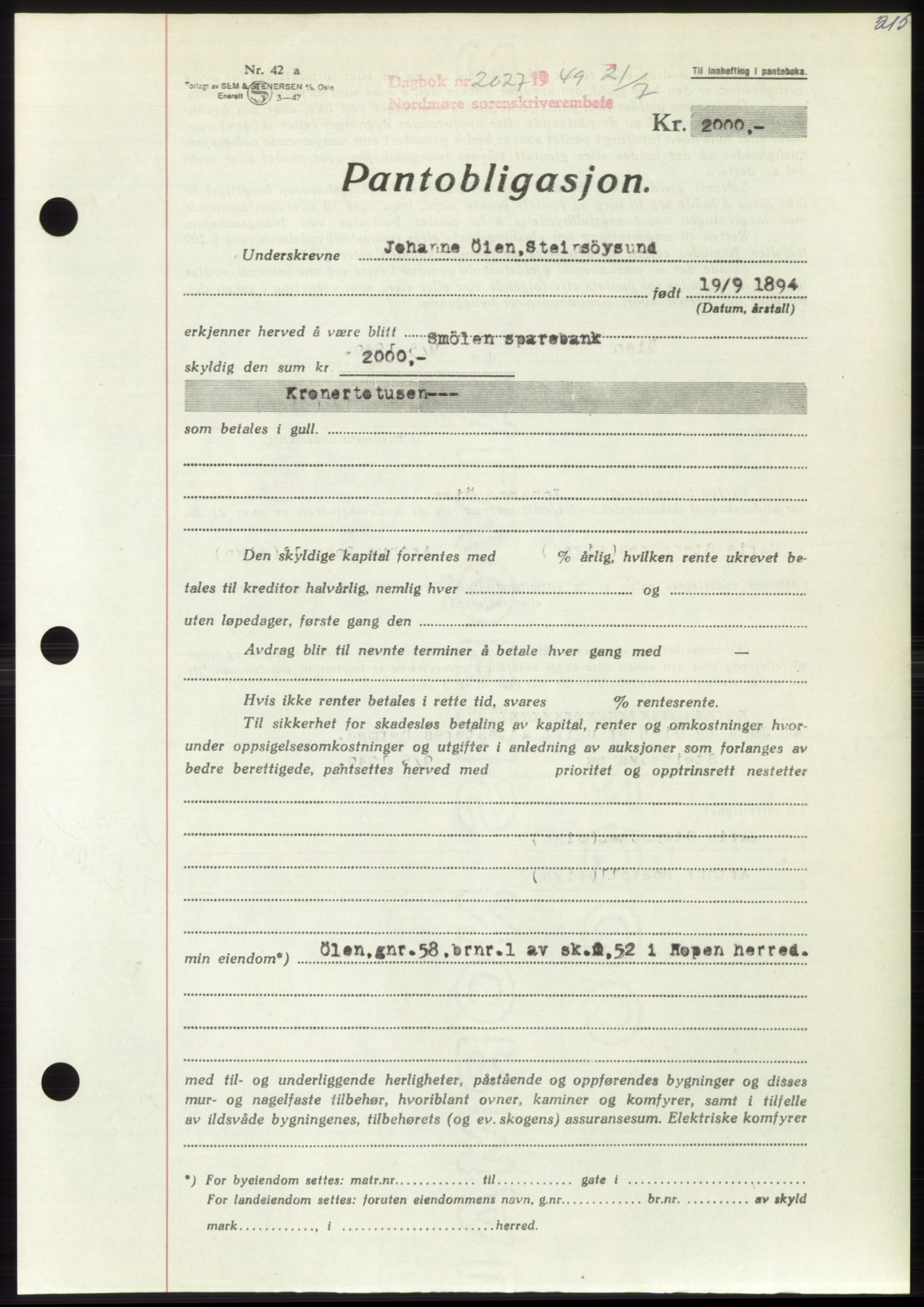 Nordmøre sorenskriveri, AV/SAT-A-4132/1/2/2Ca: Mortgage book no. B102, 1949-1949, Diary no: : 2027/1949