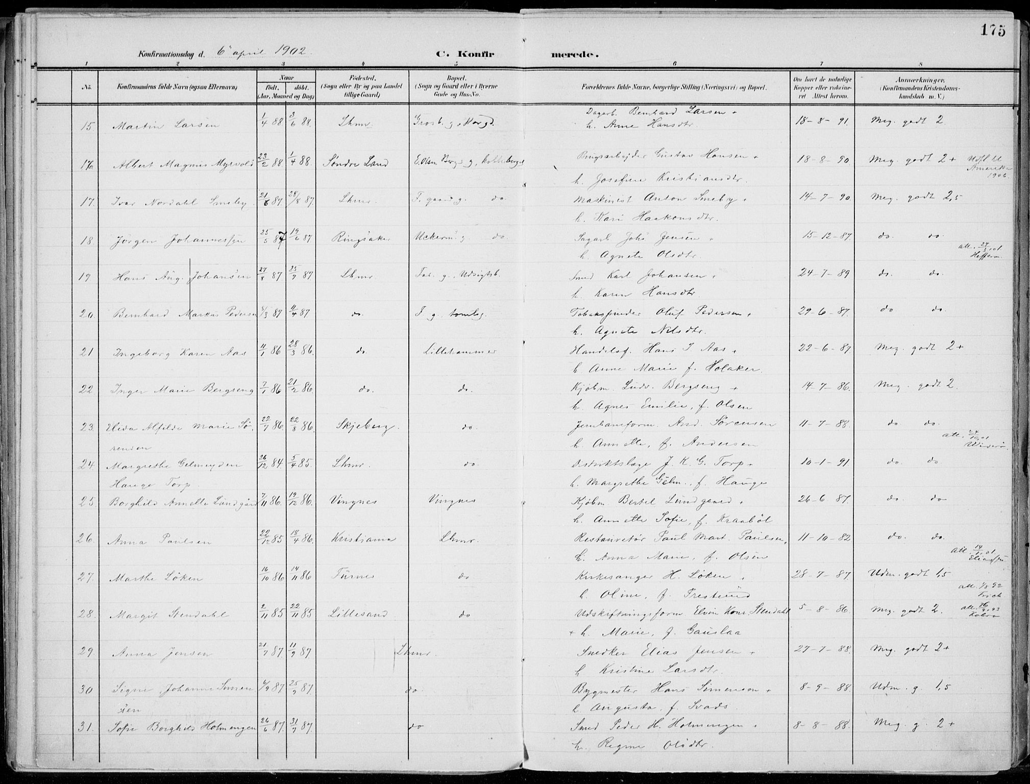 Lillehammer prestekontor, SAH/PREST-088/H/Ha/Haa/L0001: Parish register (official) no. 1, 1901-1916, p. 175