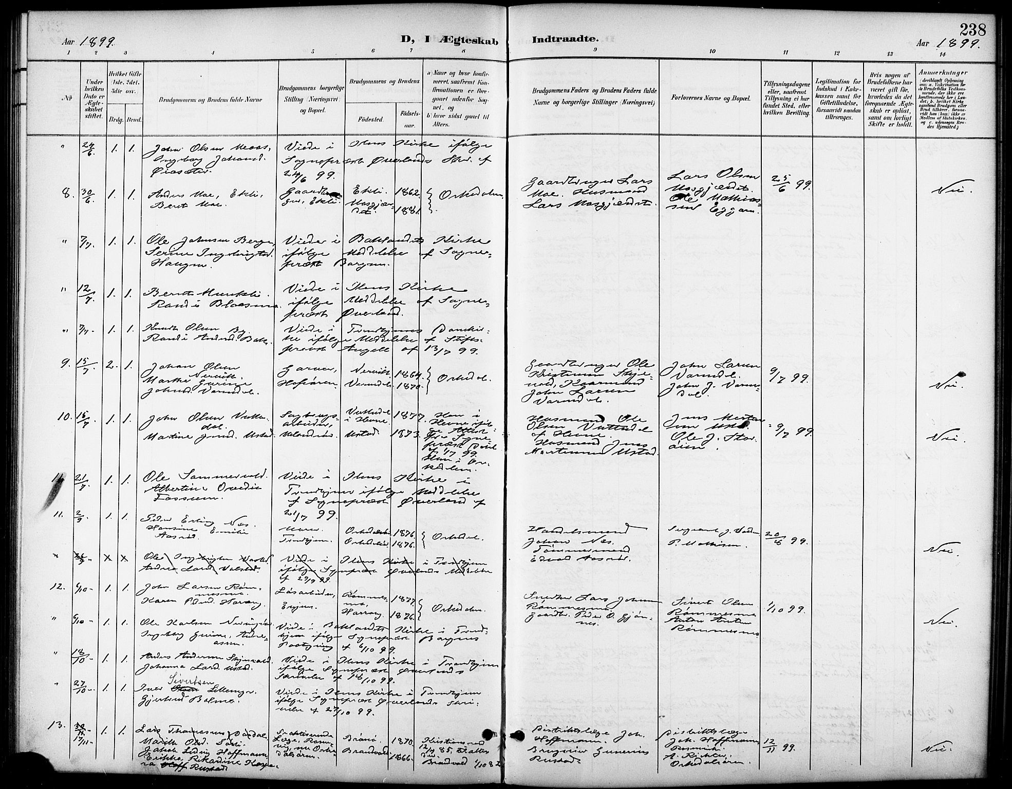Ministerialprotokoller, klokkerbøker og fødselsregistre - Sør-Trøndelag, SAT/A-1456/668/L0819: Parish register (copy) no. 668C08, 1899-1912, p. 238