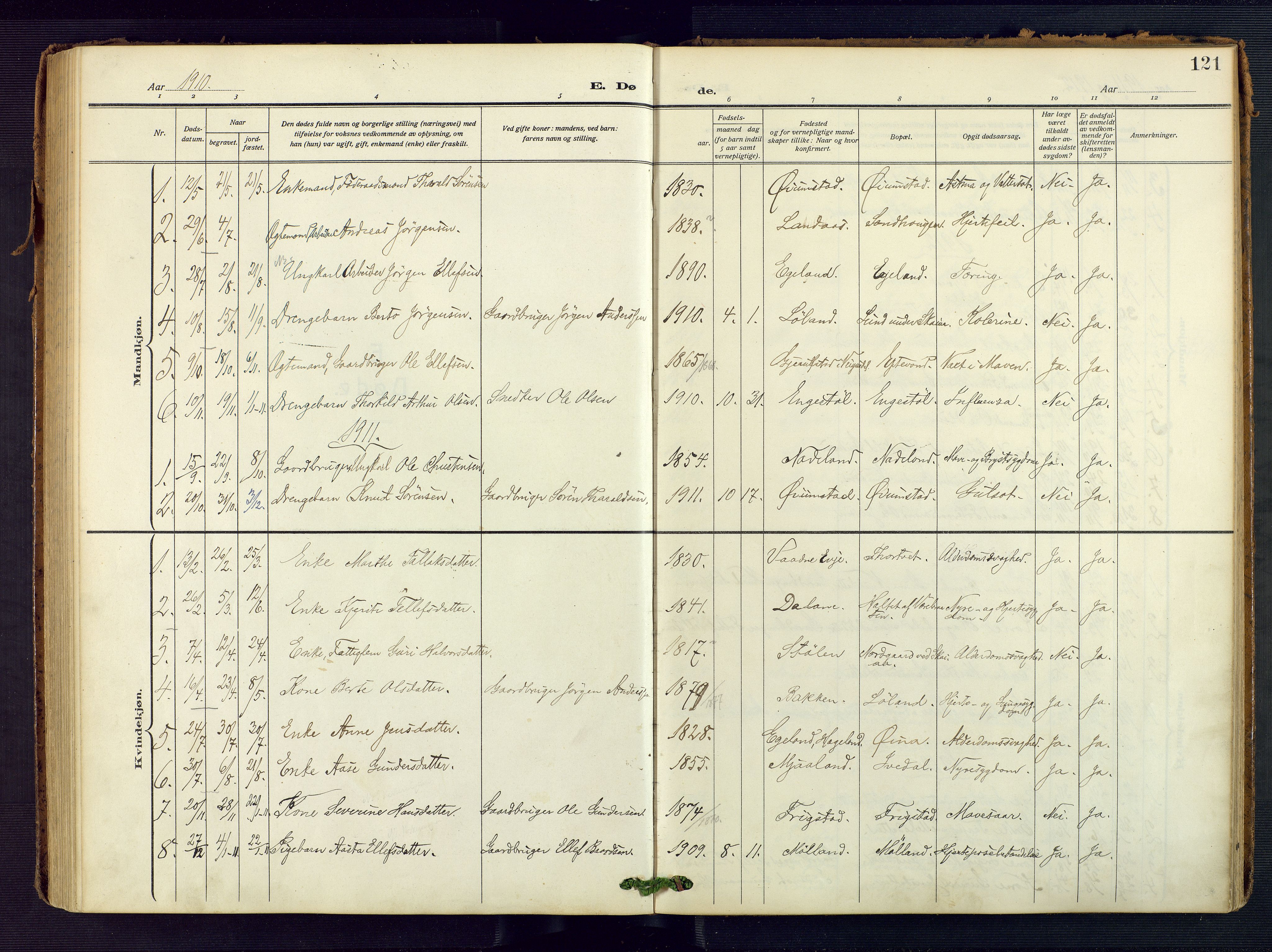 Evje sokneprestkontor, AV/SAK-1111-0008/F/Fa/Fac/L0004: Parish register (official) no. A 4, 1910-1932, p. 121