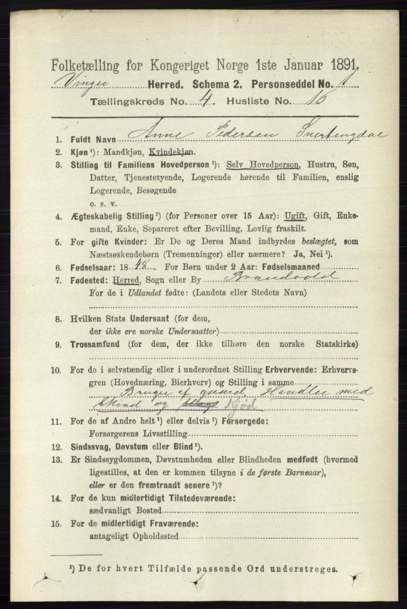 RA, 1891 census for 0421 Vinger, 1891, p. 1721