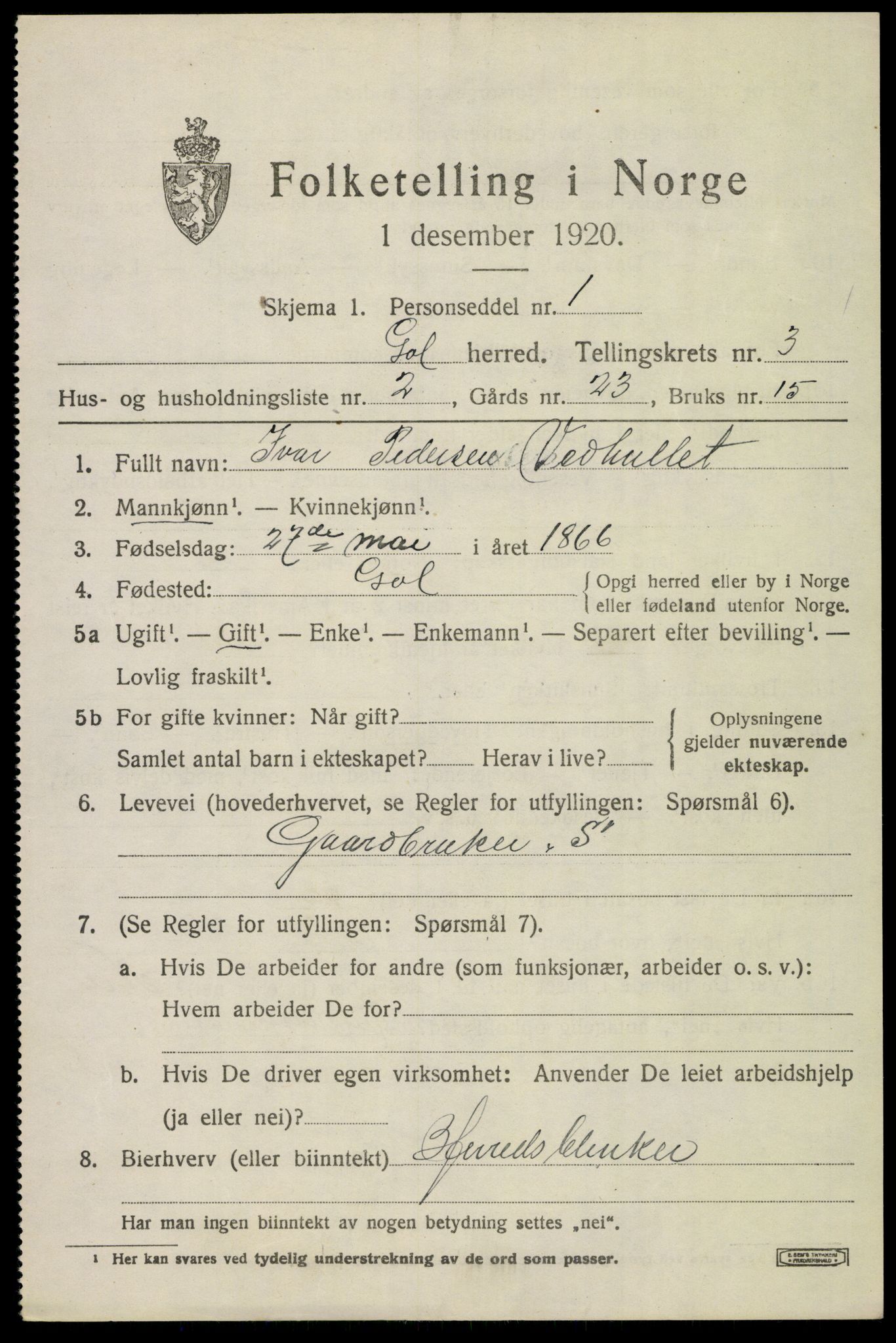 SAKO, 1920 census for Gol, 1920, p. 2190