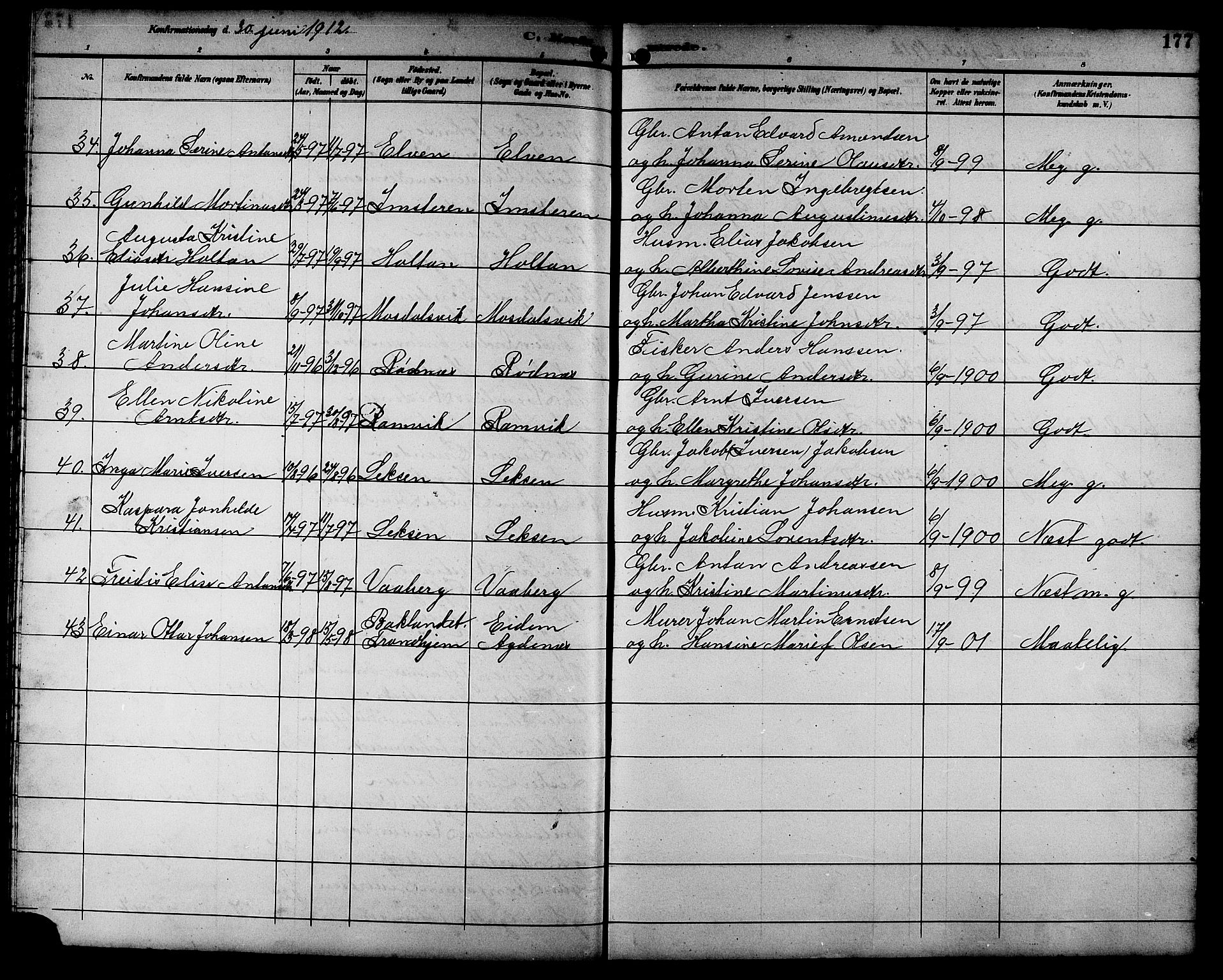Ministerialprotokoller, klokkerbøker og fødselsregistre - Sør-Trøndelag, SAT/A-1456/662/L0757: Parish register (copy) no. 662C02, 1892-1918, p. 177