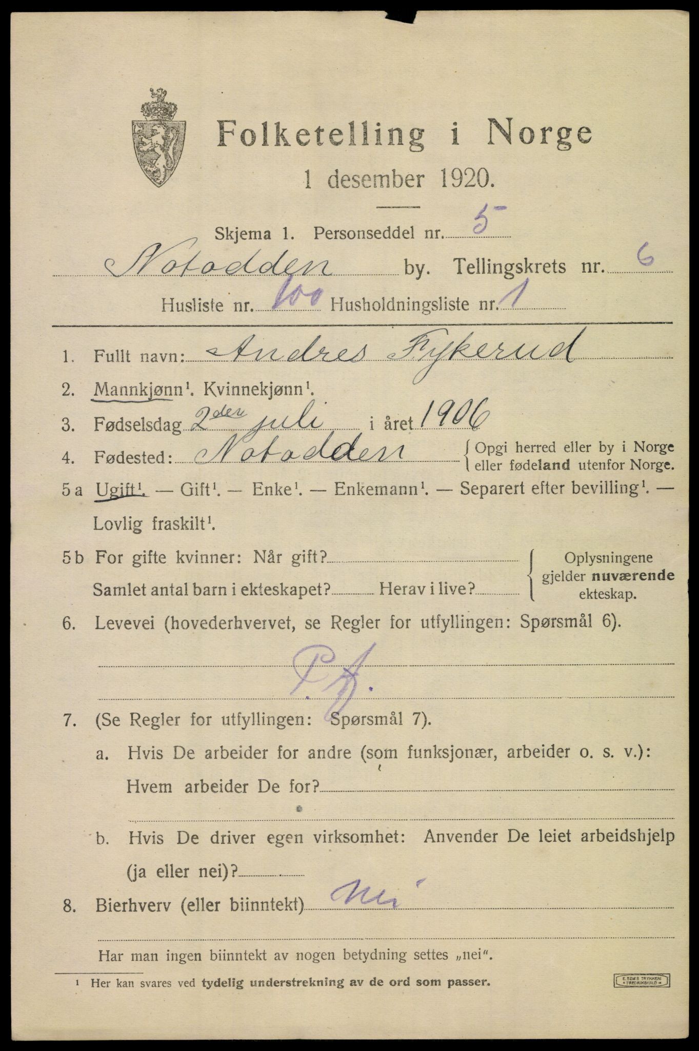 SAKO, 1920 census for Notodden, 1920, p. 15204