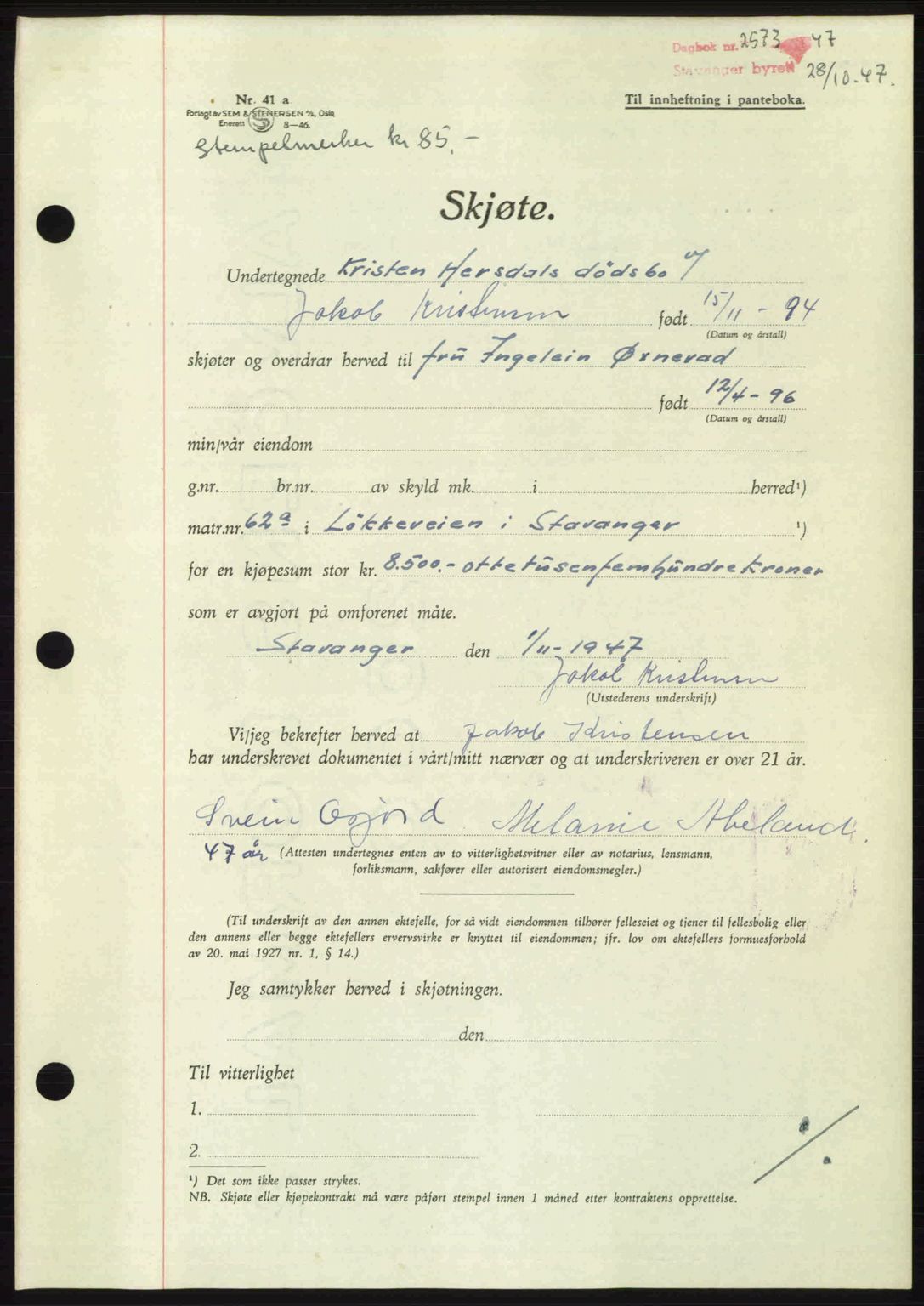 Stavanger byrett, SAST/A-100455/002/G/Gb/L0022: Mortgage book no. A11, 1947-1948, Diary no: : 2573/1947