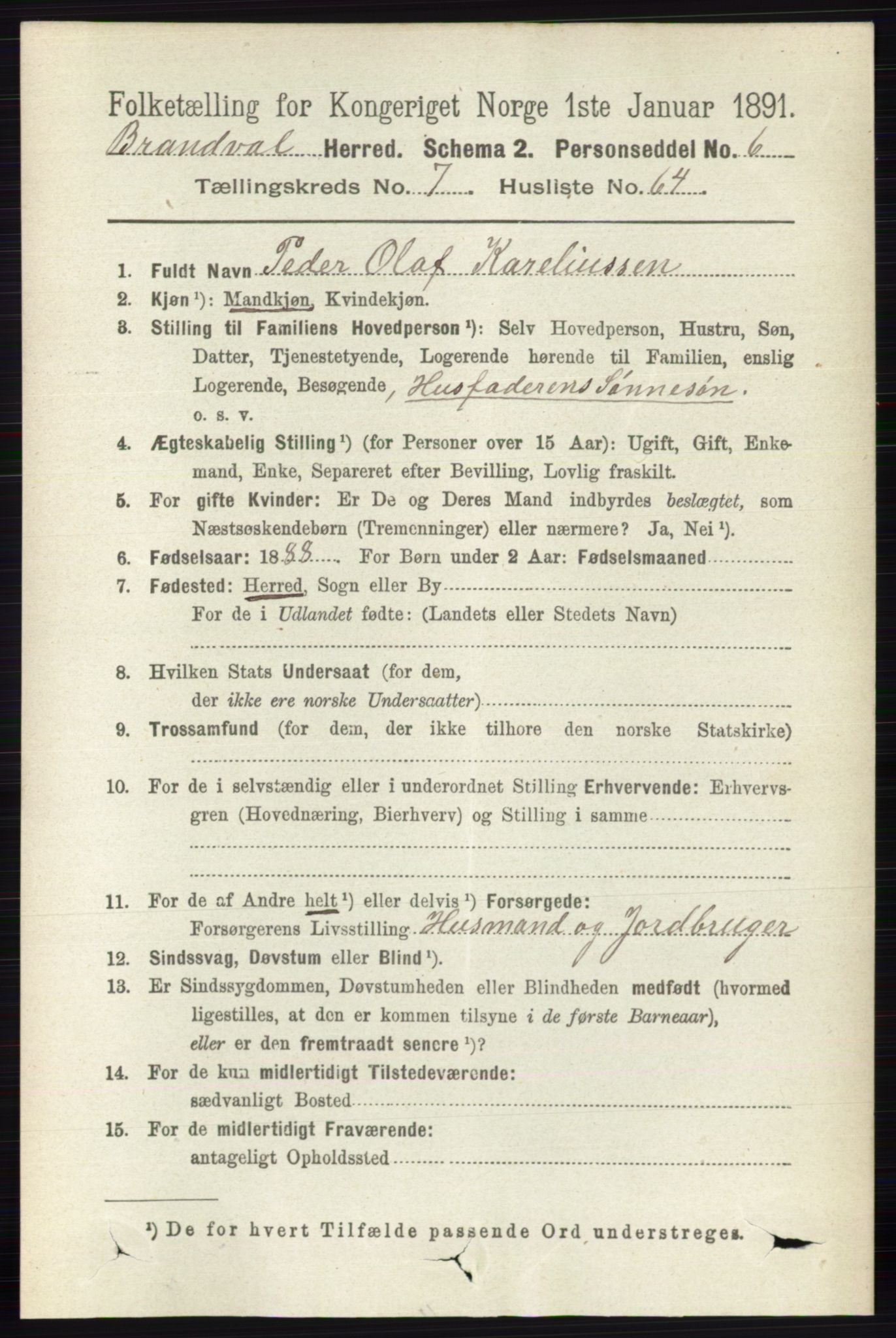 RA, 1891 census for 0422 Brandval, 1891, p. 3745