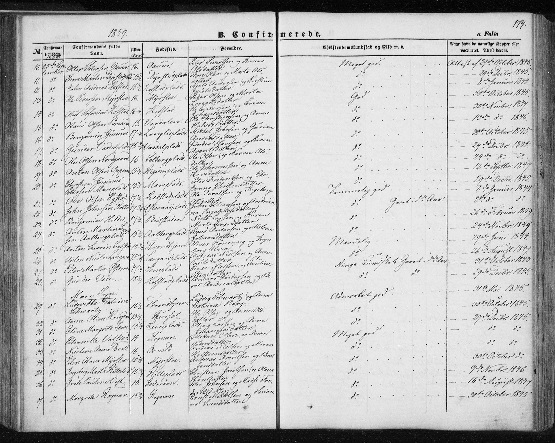 Ministerialprotokoller, klokkerbøker og fødselsregistre - Nord-Trøndelag, AV/SAT-A-1458/735/L0342: Parish register (official) no. 735A07 /1, 1849-1862, p. 174