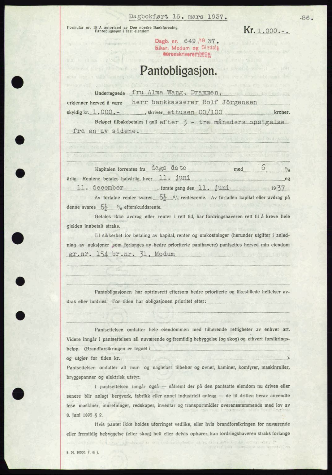 Eiker, Modum og Sigdal sorenskriveri, SAKO/A-123/G/Ga/Gab/L0035: Mortgage book no. A5, 1937-1937, Diary no: : 649/1937