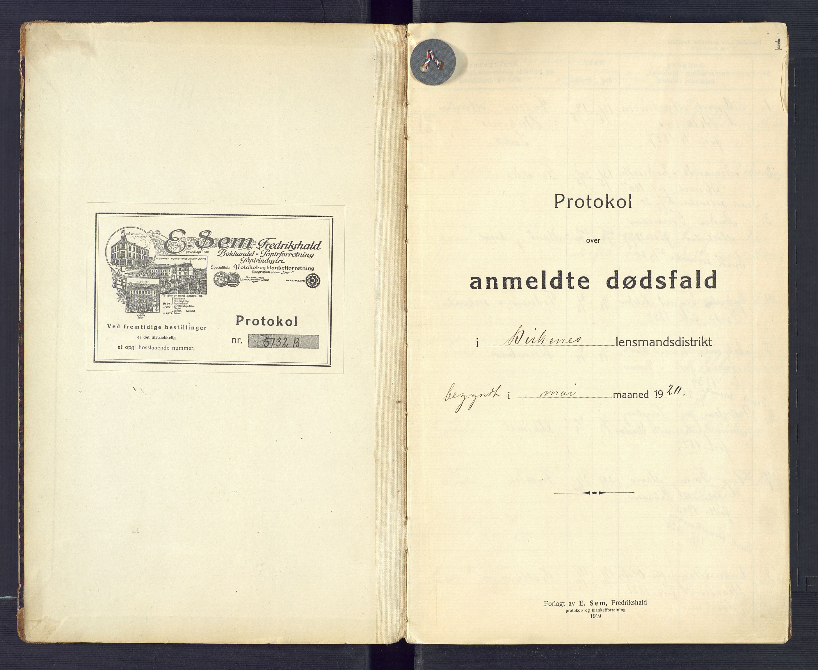 Birkenes lensmannskontor, SAK/1241-0004/F/Fe/L0001/0002: Dødsfallsprotokoller / Dødsfallsprotokoll, 1920-1932, p. 1