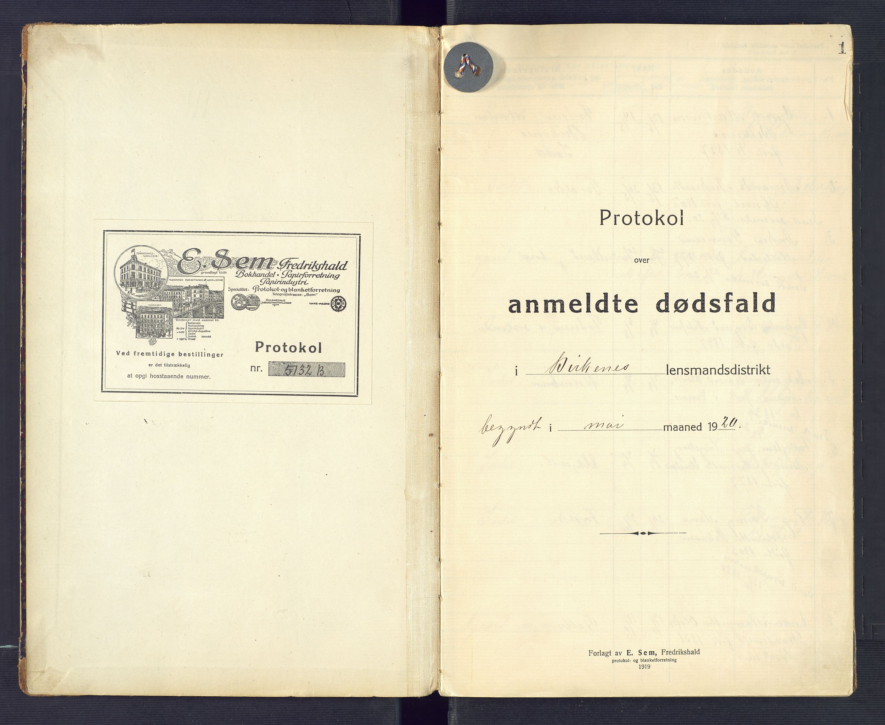 Birkenes lensmannskontor, AV/SAK-1241-0004/F/Fe/L0001/0002: Dødsfallsprotokoller / Dødsfallsprotokoll, 1920-1932, p. 1