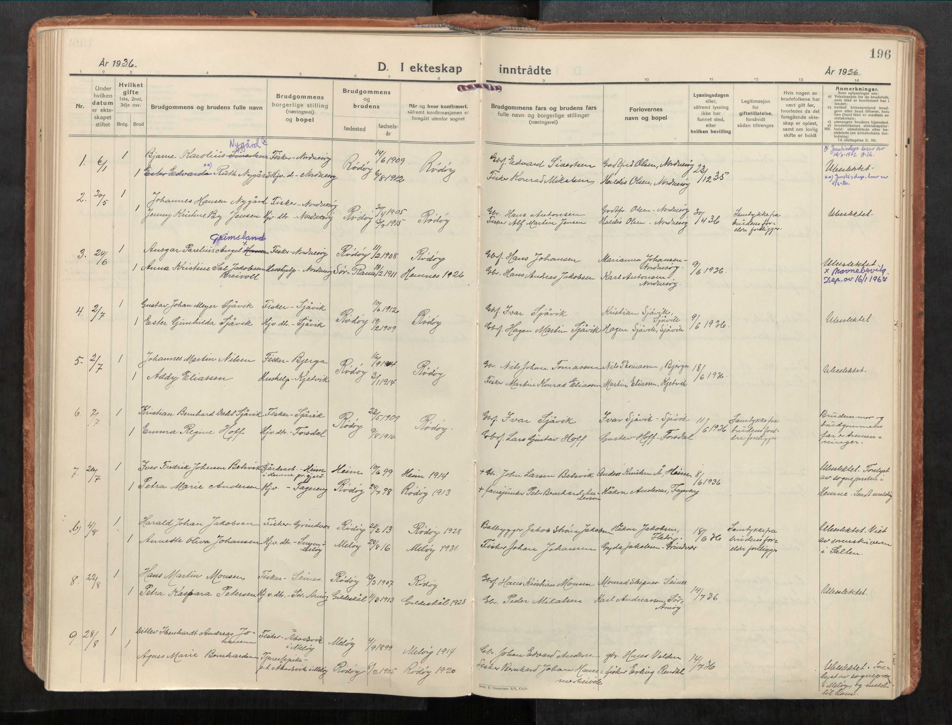 Rødøy sokneprestkontor, AV/SAT-A-4397/2/H/Ha/Haa/L0001: Parish register (official) no. 1, 1926-1941, p. 196