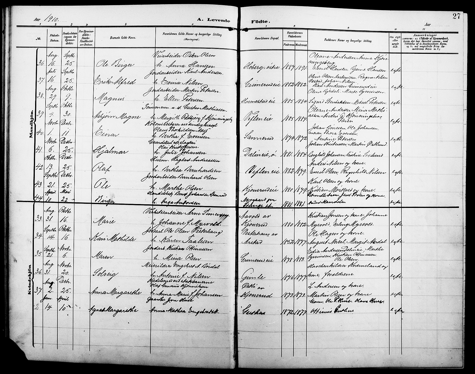 Stange prestekontor, AV/SAH-PREST-002/L/L0013: Parish register (copy) no. 13, 1906-1915, p. 27