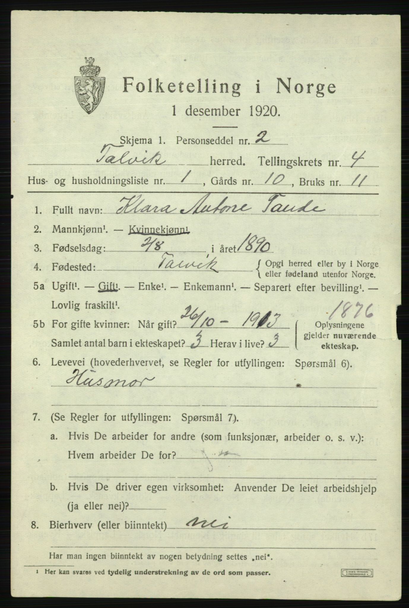 SATØ, 1920 census for Talvik, 1920, p. 2578