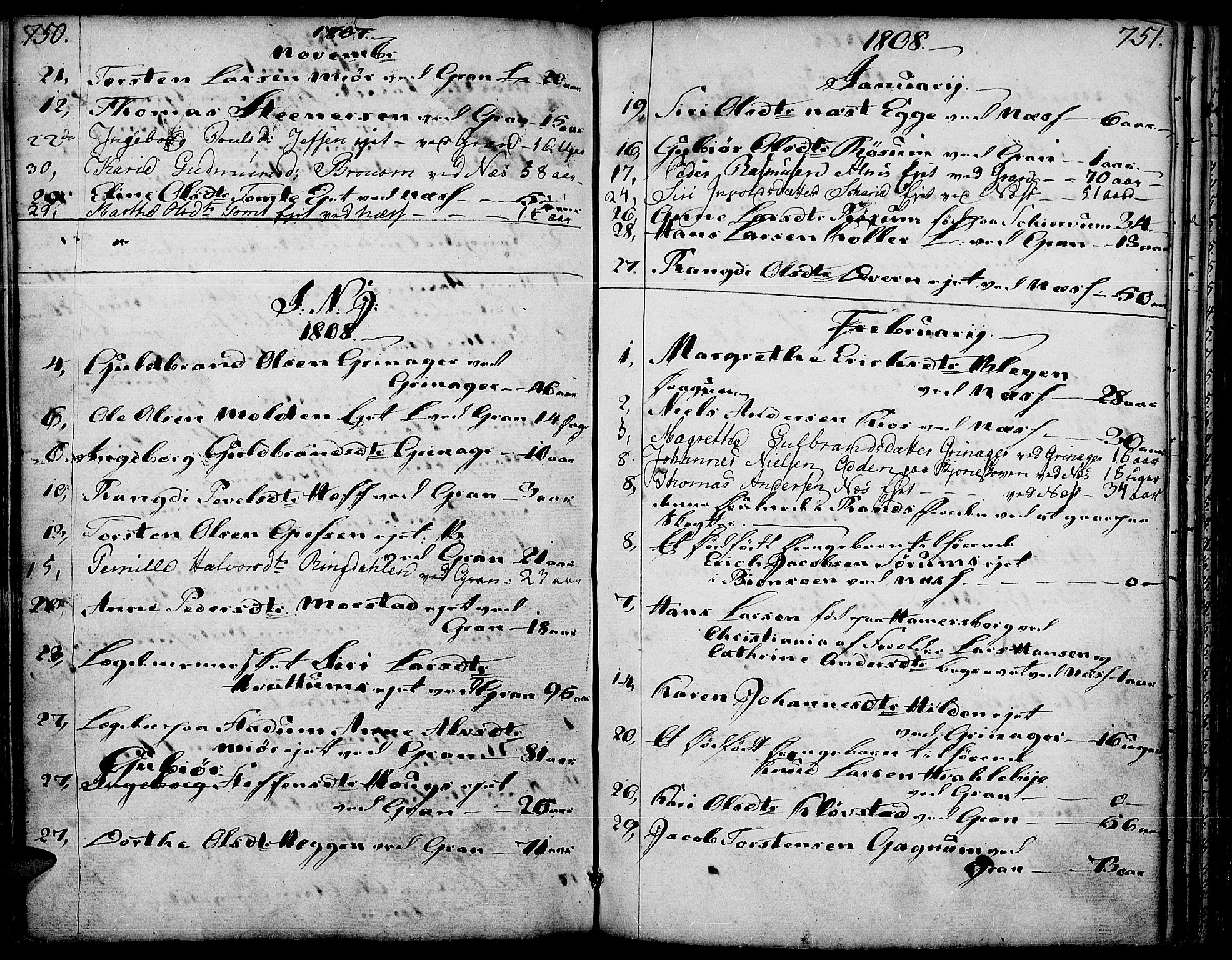 Gran prestekontor, SAH/PREST-112/H/Ha/Haa/L0006: Parish register (official) no. 6, 1787-1824, p. 750-751