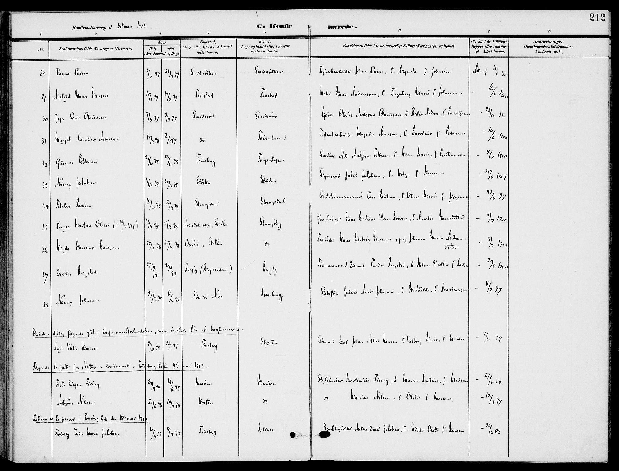 Nøtterøy kirkebøker, AV/SAKO-A-354/F/Fa/L0010: Parish register (official) no. I 10, 1908-1919, p. 212