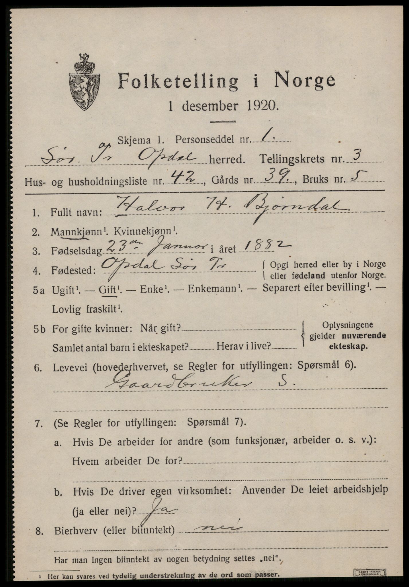 SAT, 1920 census for Oppdal, 1920, p. 3641