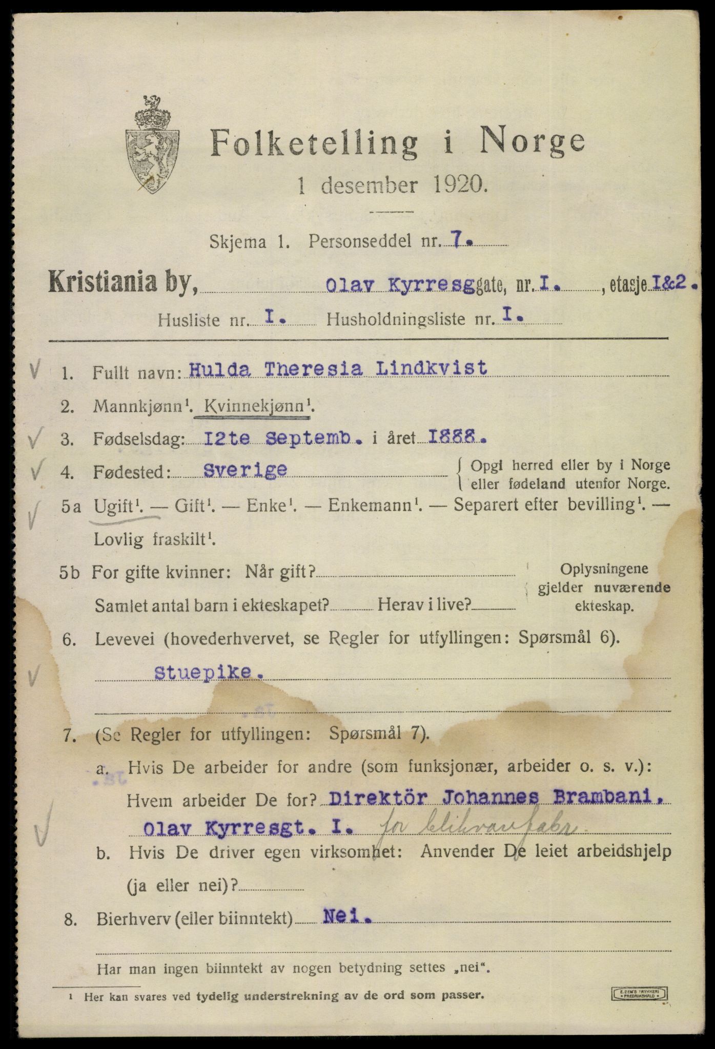 SAO, 1920 census for Kristiania, 1920, p. 432683