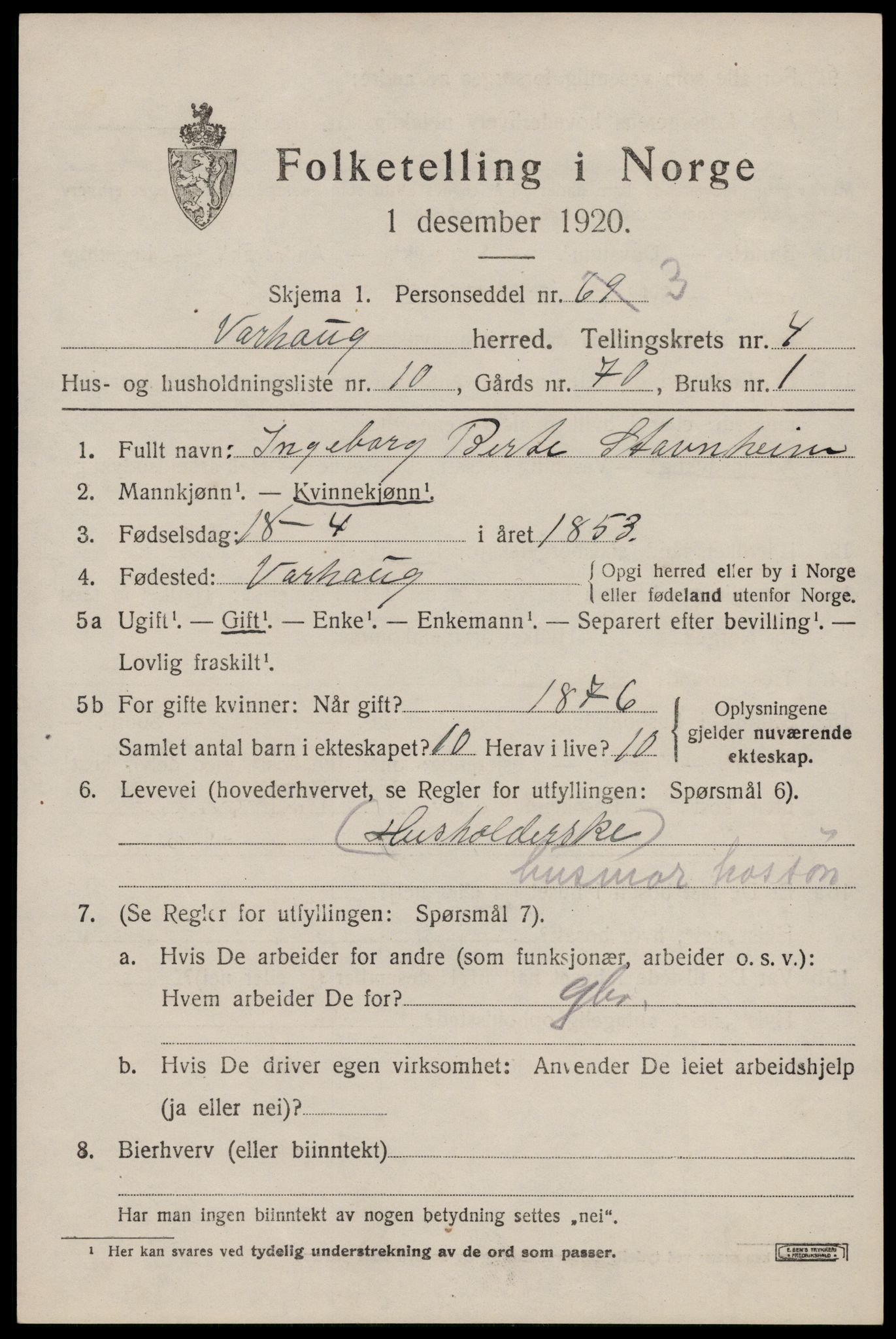 SAST, 1920 census for Varhaug, 1920, p. 3753