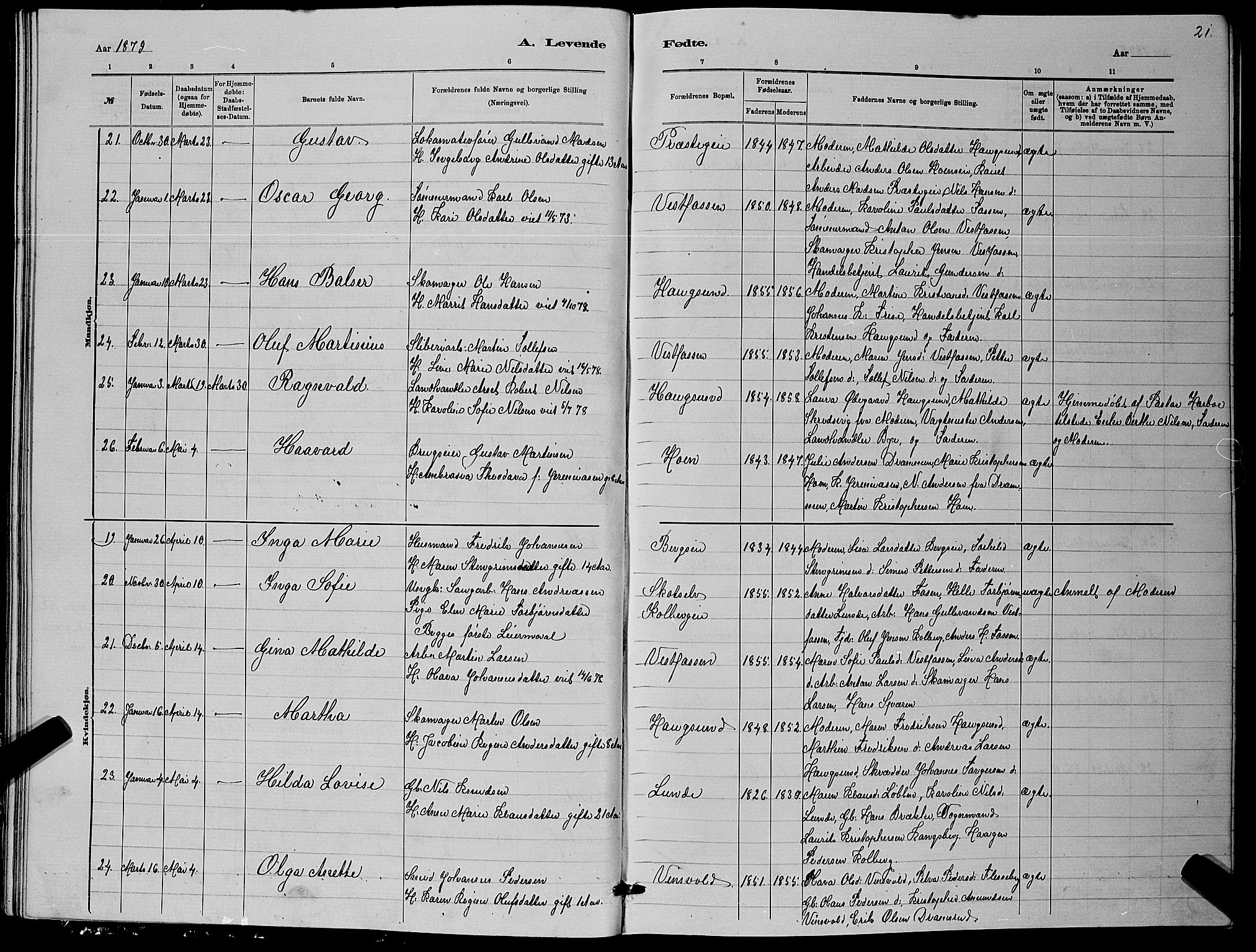 Eiker kirkebøker, AV/SAKO-A-4/G/Ga/L0005: Parish register (copy) no. I 5, 1878-1887, p. 21