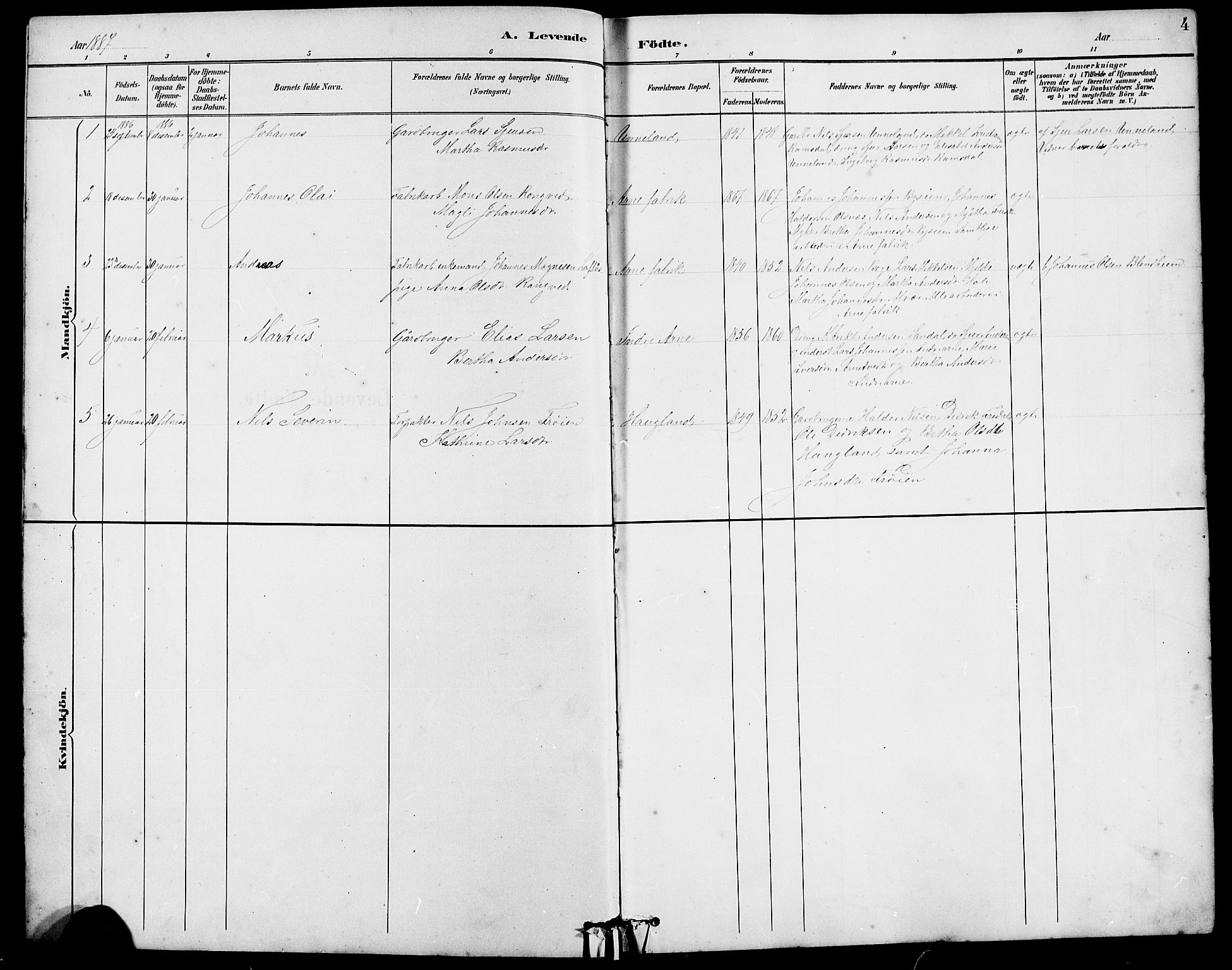 Arna Sokneprestembete, SAB/A-74001/H/Ha/Hab: Parish register (copy) no. A 3, 1887-1897, p. 4