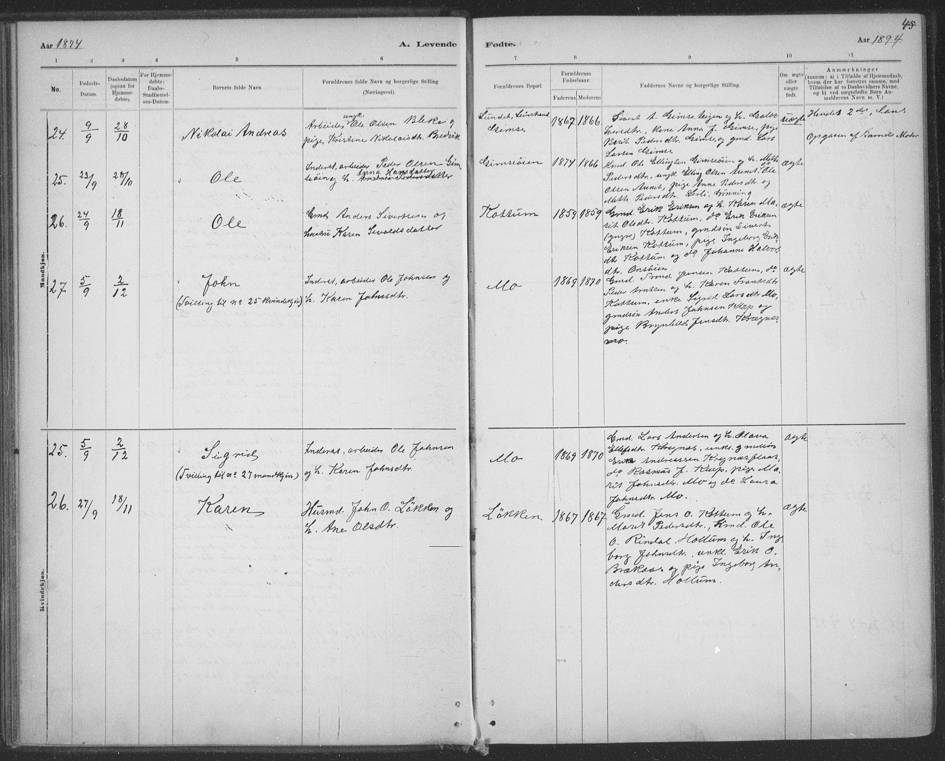 Ministerialprotokoller, klokkerbøker og fødselsregistre - Sør-Trøndelag, AV/SAT-A-1456/691/L1085: Parish register (official) no. 691A17, 1887-1908, p. 45