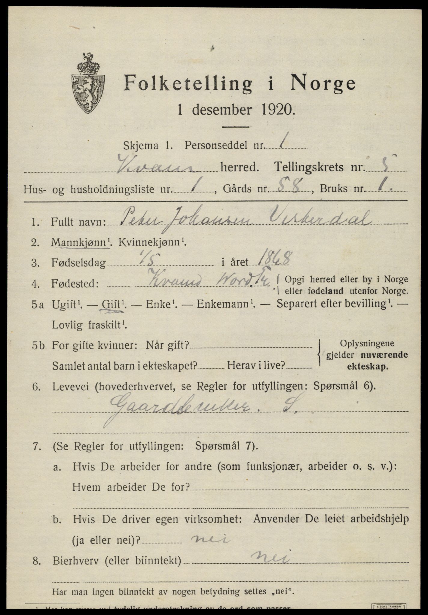 SAT, 1920 census for Kvam, 1920, p. 1377