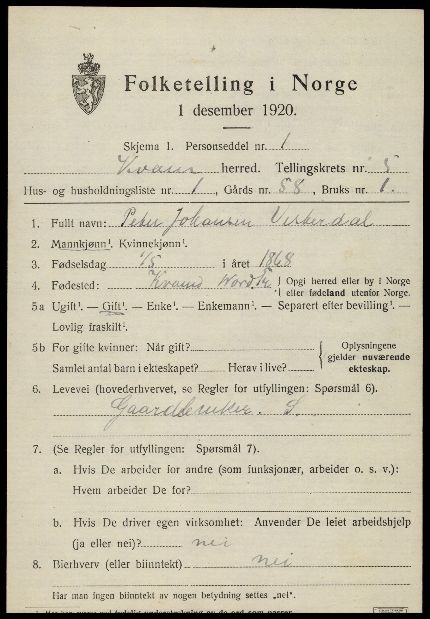 SAT, 1920 census for Kvam, 1920, p. 1377