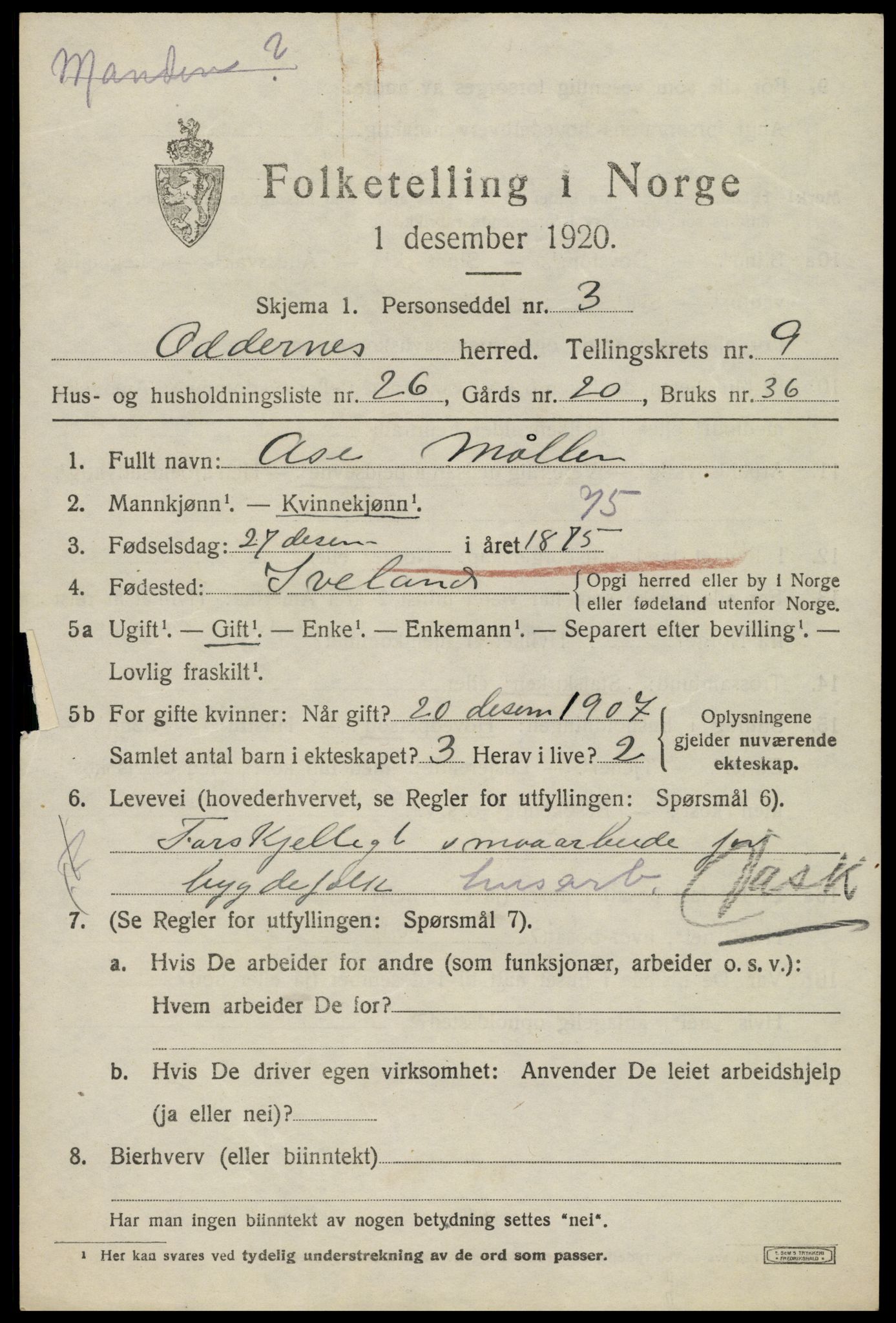 SAK, 1920 census for Oddernes, 1920, p. 6333
