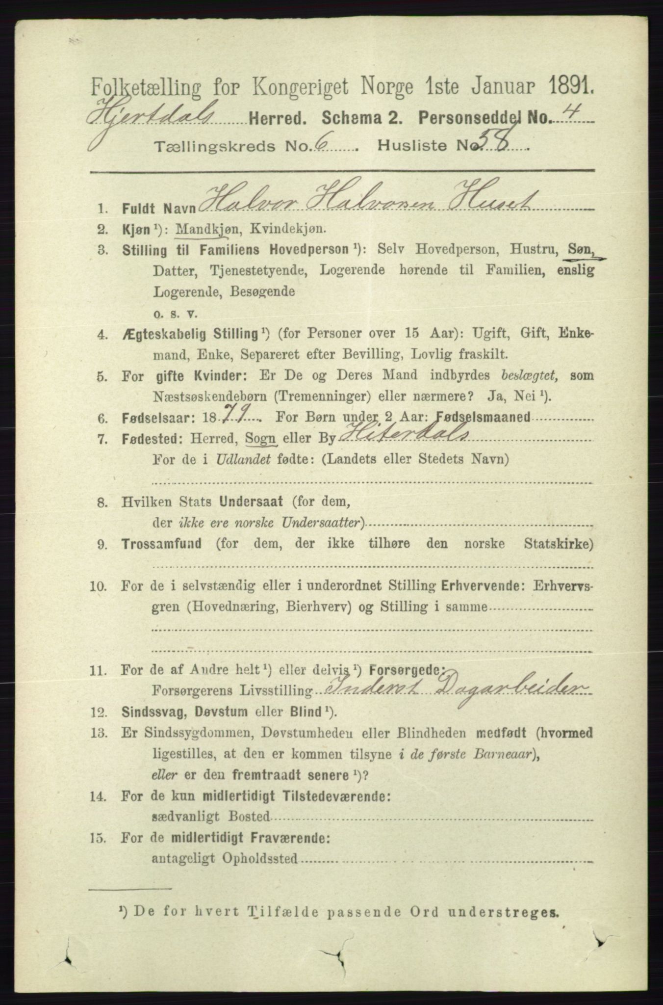 RA, 1891 census for 0827 Hjartdal, 1891, p. 2490